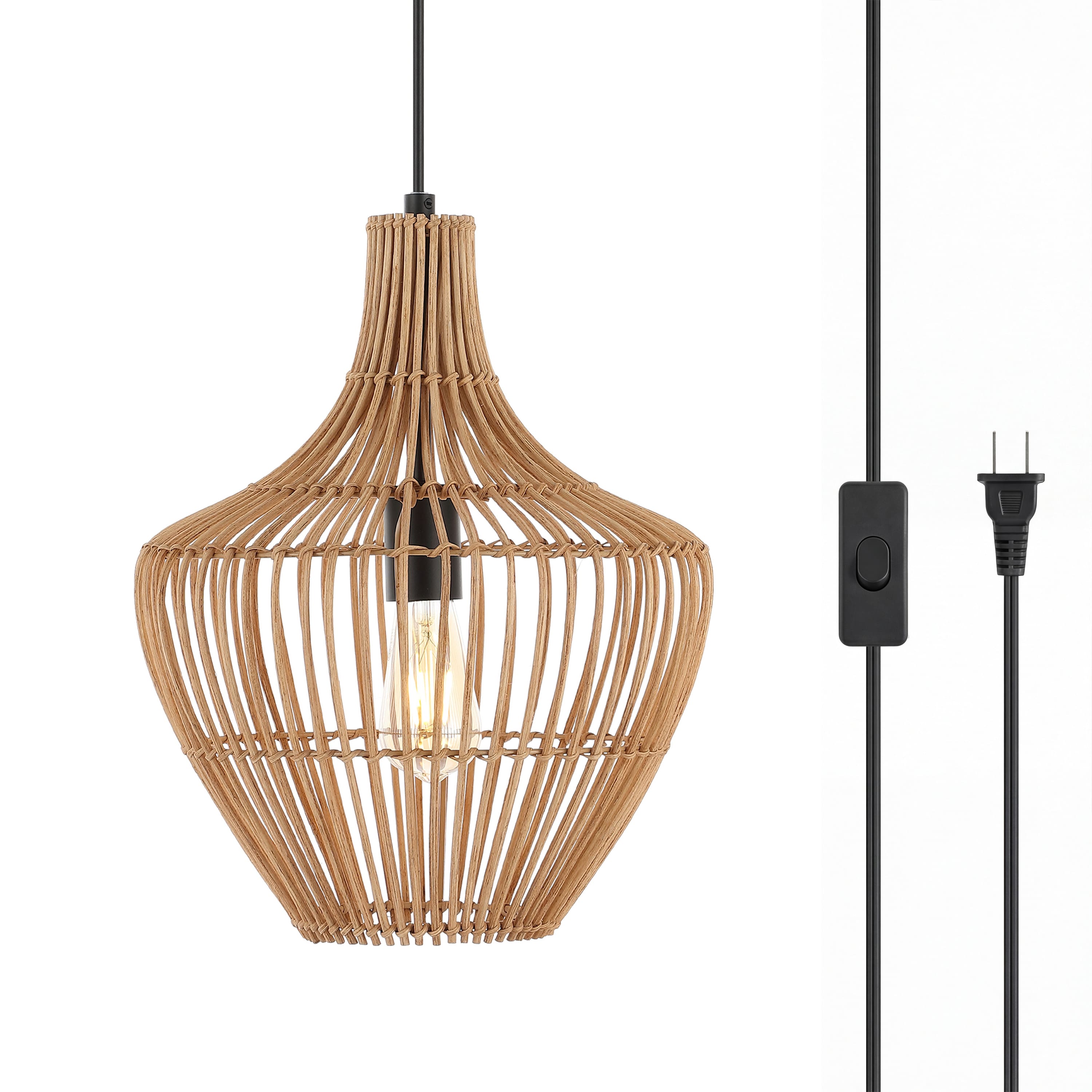 Jonathan Y - Lucas 13" 1-Light Farmhouse Coastal Rattan 180" Cord Plug-In or Hardwired LED Pendant - Brown