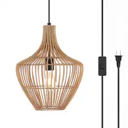 Jonathan Y - Lucas 13" 1-Light Farmhouse Coastal Rattan 180" Cord Plug-In or Hardwired LED Pendant - Brown