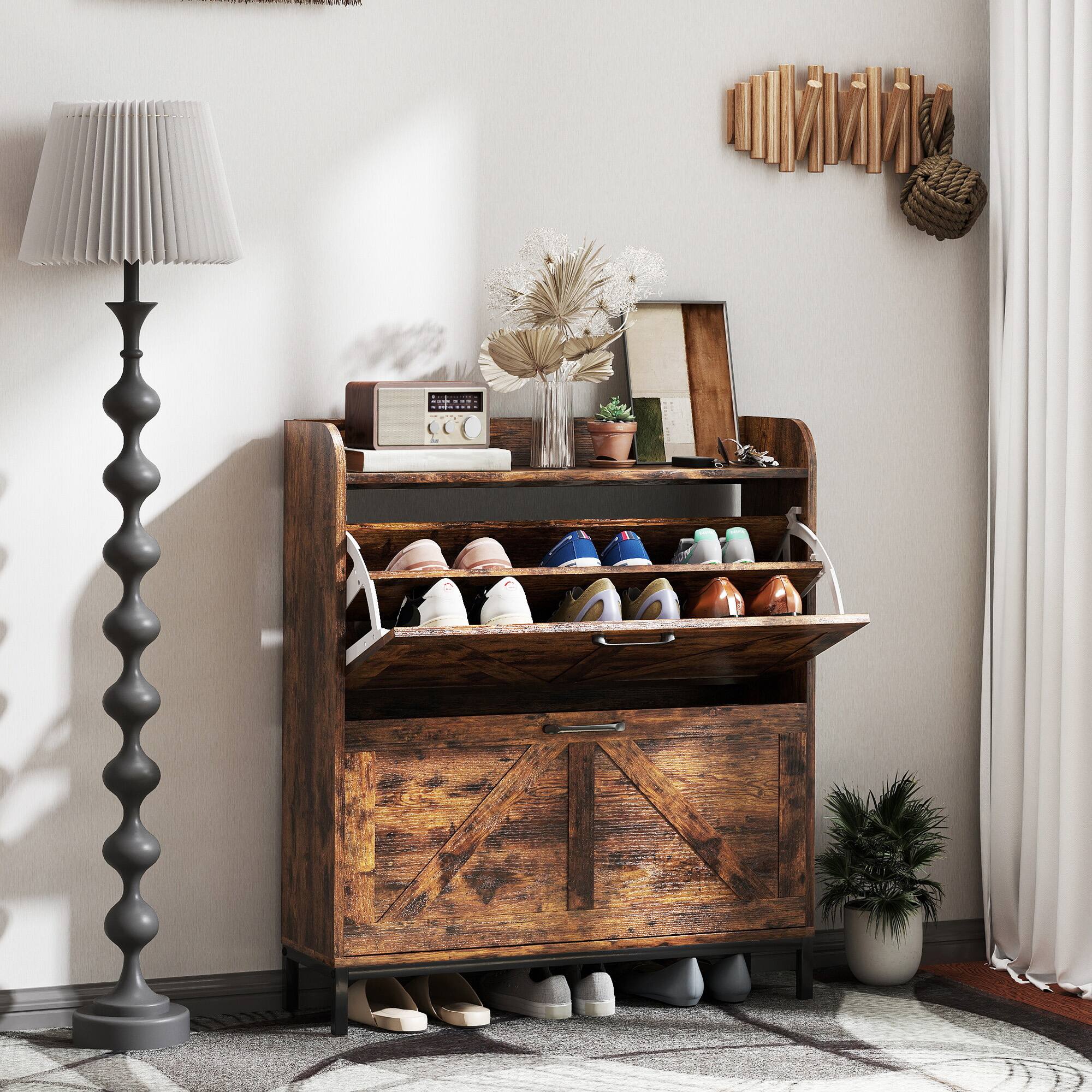 Alt View 1. Homcom - Shoe Storage Cabinet with 2 Flip Drawers, Legs, Farmhouse Freestanding Narrow Shoe Cabinet - Rustic Brown.