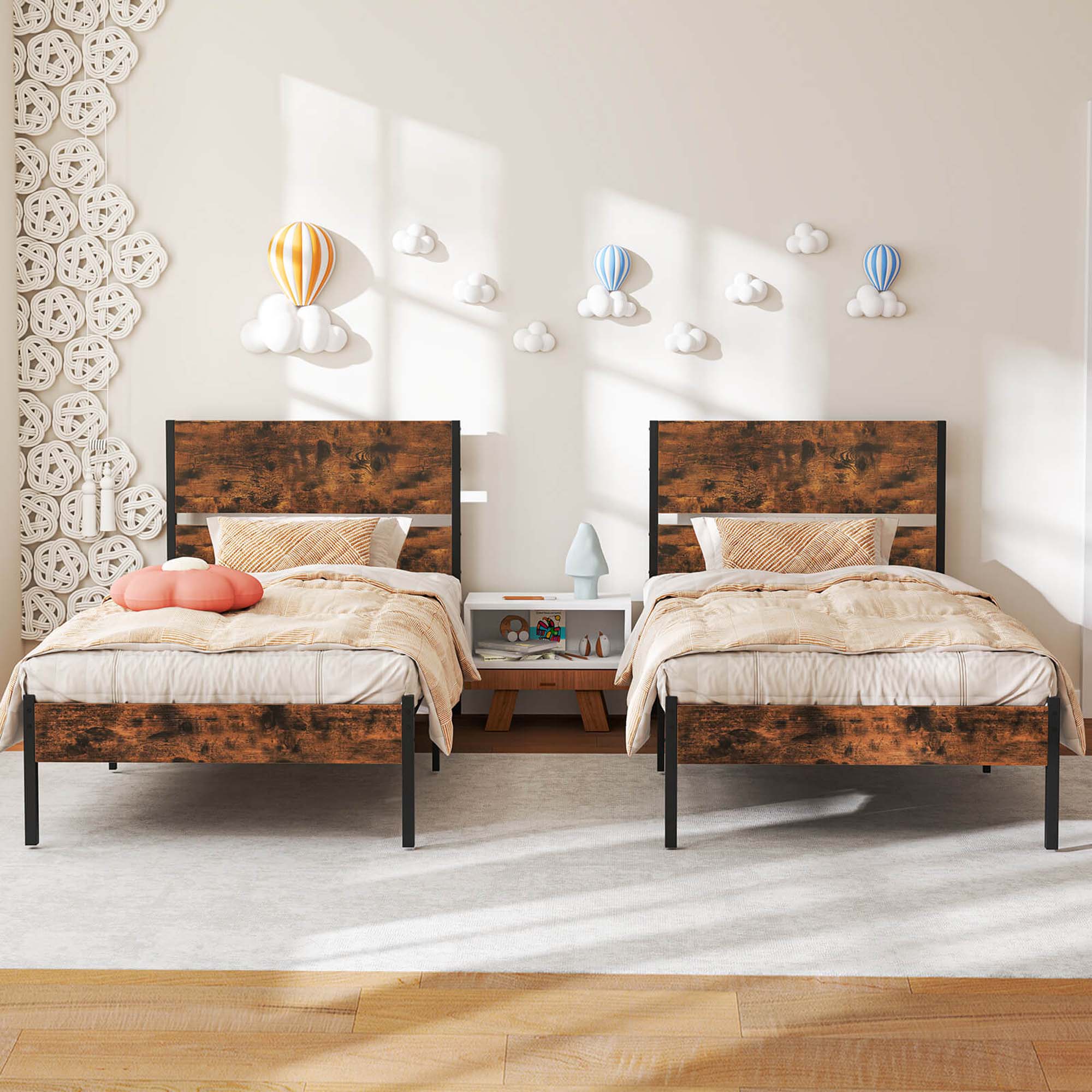 Alt View 4. Costway - Costway Twin Size Bed Frame with Wooden Headboard Under-Bed Storage No Box Spring Needed - Rustic Brown & Black.