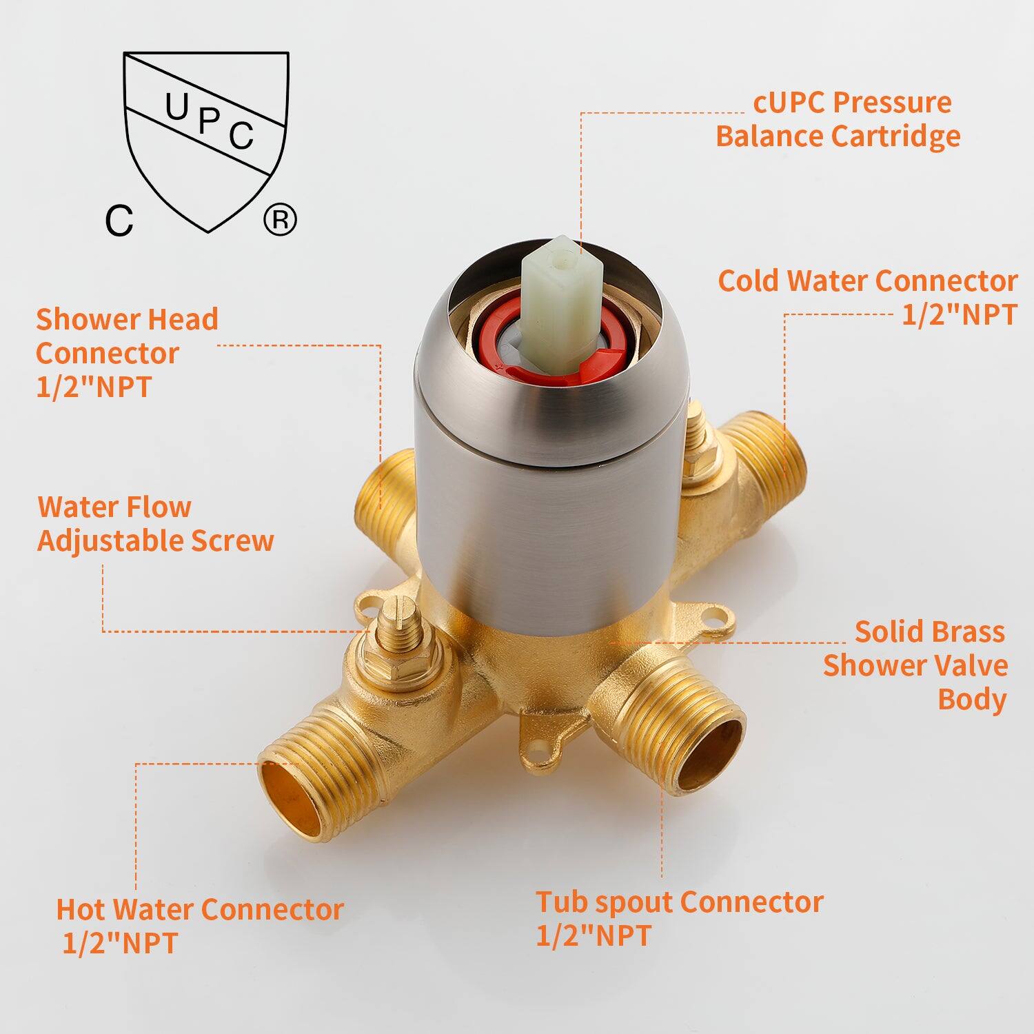 UPC Pressure Balance Cartridge Shower Head Connector  
1/2" NPT Cold Water Connector  
1/2" NPT Water Flow Adjustable Screw  
Solid Brass Shower Valve Body  
Hot Water Connector 1/2" NPT  
Tub Spout Connector 1/2" NPT