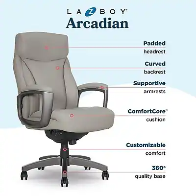 LA-Z-BOY Arcadian  
Padded headrest  
Curved backrest  
Supportive armrests  
ComfortCore cushion  
Customizable comfort  
360° quality base