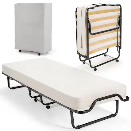 Front. Gymax - Gymax Portable Rollaway Guest Bed Folding Bed w/ Mattress Memory Foam & Dustproof Cover - Black.
