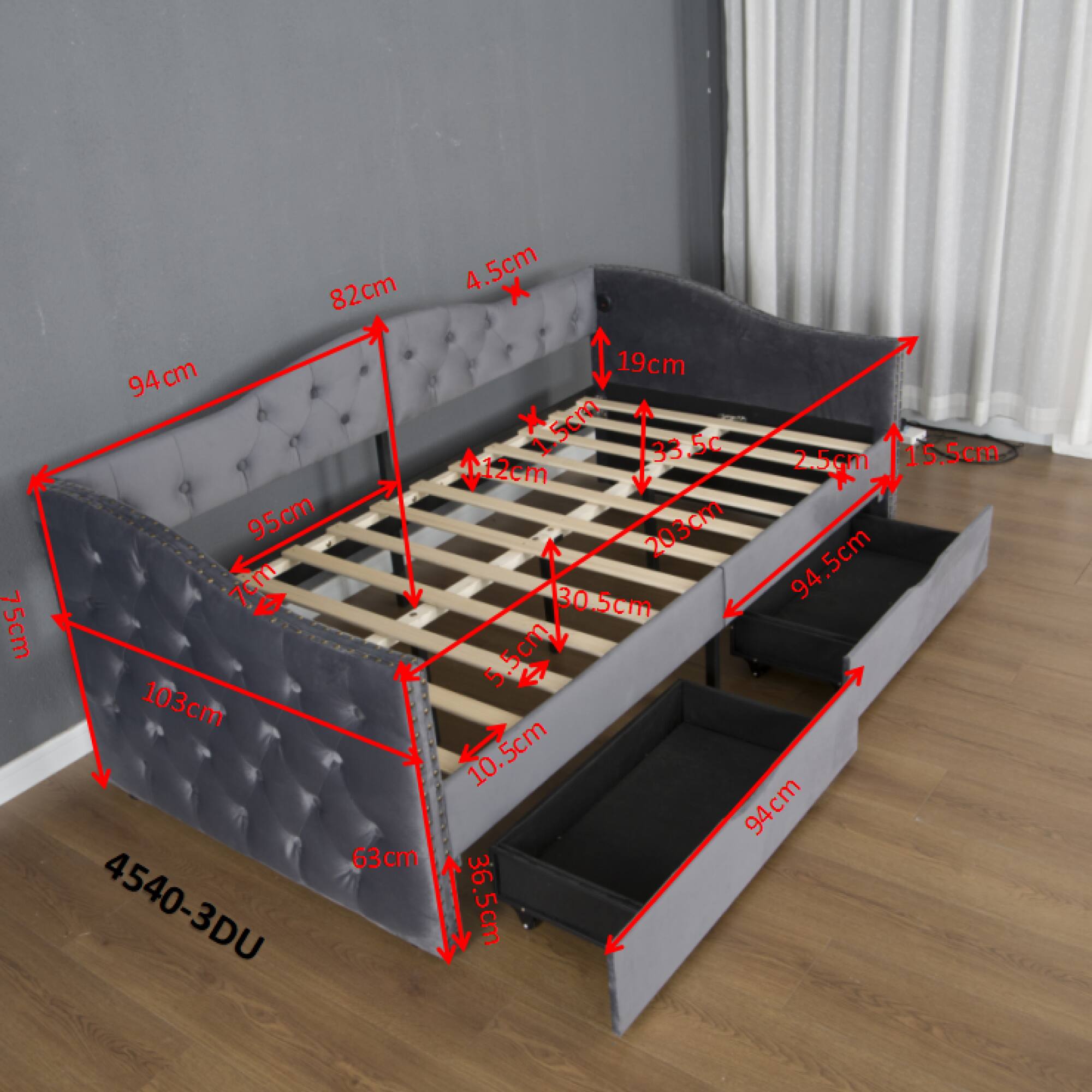 Here is the corrected and grouped text from the image:

- **Dimensions of the Bed:**
  - Length: 190 cm
  - Width: 94 cm
  - Height: 103 cm

- **Headboard:**
  - Height: 82 cm
  - Depth: 12 cm

- **Frame:**
  - Height: 19 cm
  - Depth: 4.5 cm

- **Slats:**
  - Width: 33.5 cm
  - Thickness: 2.5 cm

- **Base:**
  - Height: 15.5 cm

- **Storage Drawers:**
  - Width: 94 cm
  - Depth: 30.5 cm
  - Height: 94.5 cm

- **Additional Dimensions:**
  - 75 cm (side)
  - 63 cm (side)
  - 36.5 cm (side)
  - 10.5 cm (side)
  - 5.5 cm (side)

- **Model Number:**
  - 4540-3DU