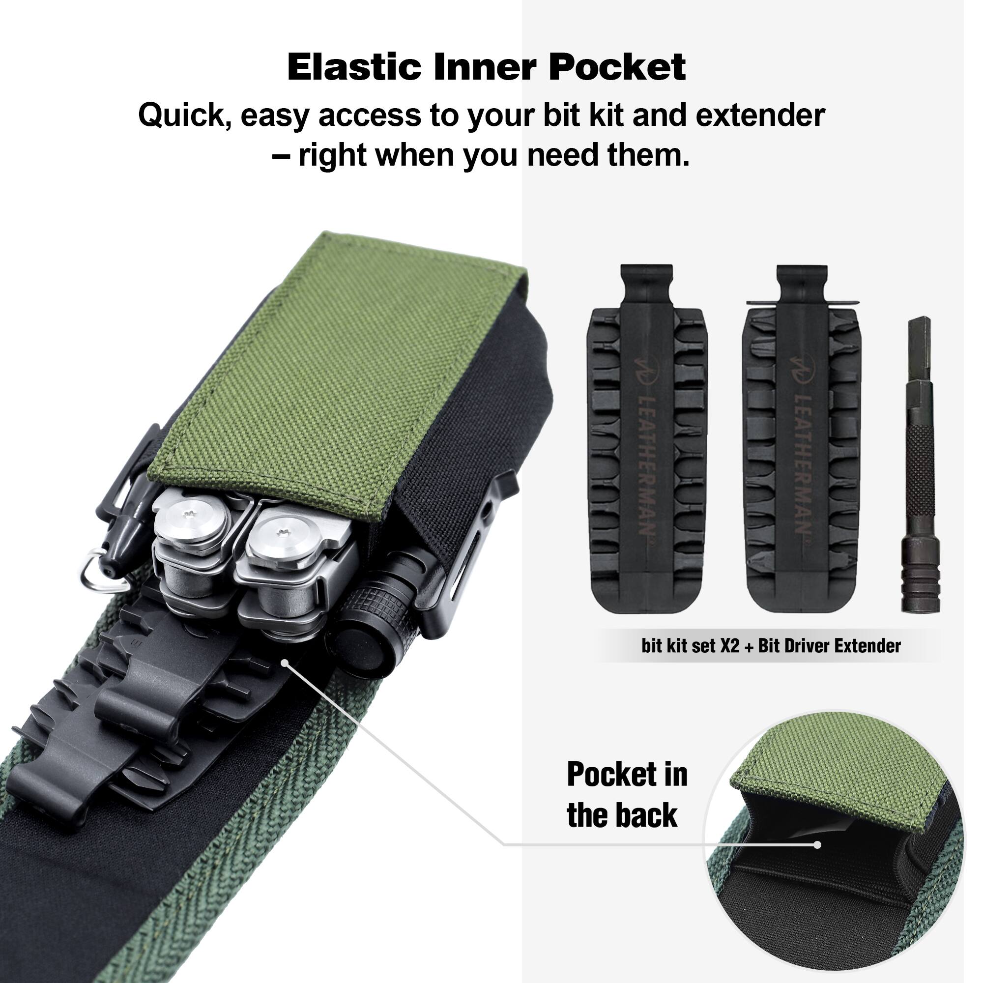 Elastic Inner Pocket  
Quick, easy access to your bit kit and extender – right when you need them.  

LEATHERMAN bit kit set X2 + Bit Driver Extender  

Pocket in the back