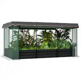 Outsunny - 7.3 x 3.4 x 1 ft Galvanized Raised Garden Bed with Crop Cage Plant Protection Net and Shade Cloth Roof - Dark Gray