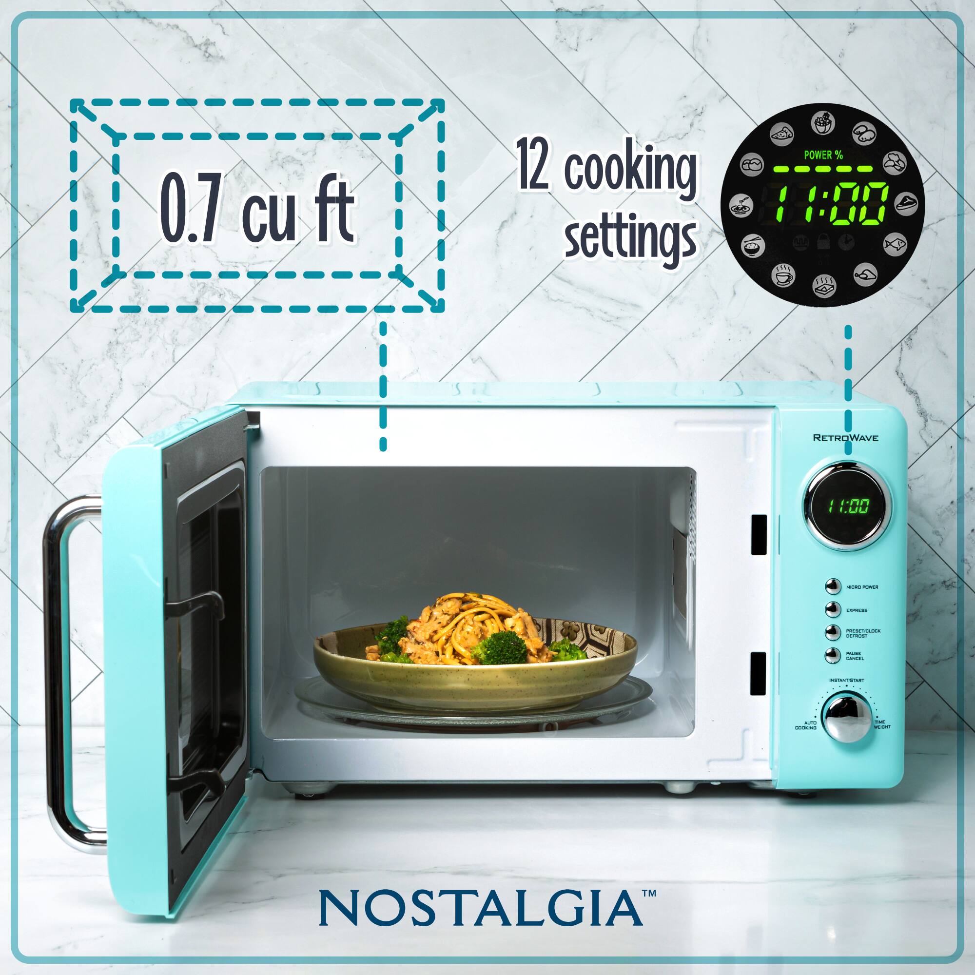 0.7 cu ft  
12 cooking settings  
POWER % 100  
11:00  
RETROWAVE  
NOSTALGIA™