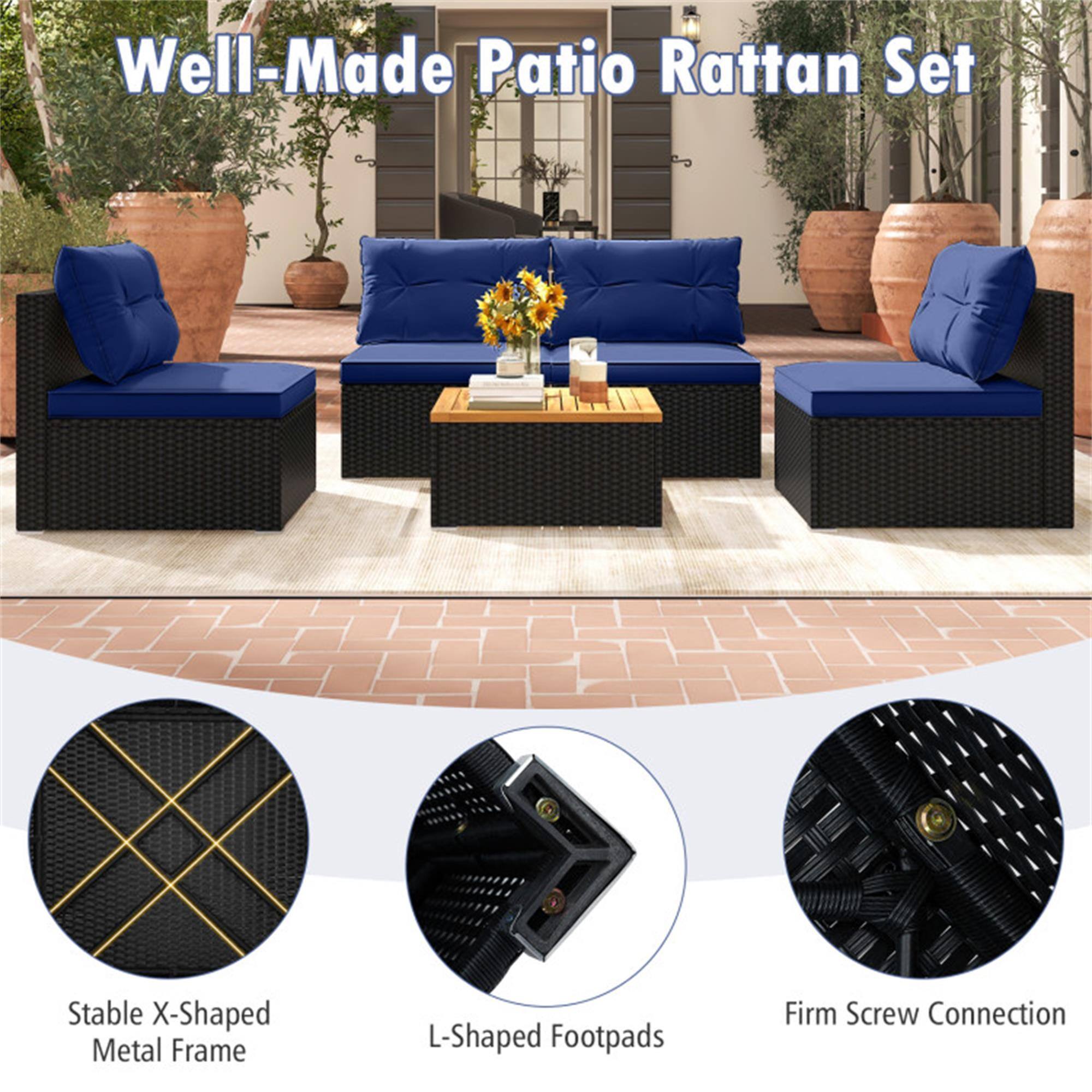 Well-Made Patio Rattan Set

- Stable X-Shaped Metal Frame
- L-Shaped Footpads
- Firm Screw Connection