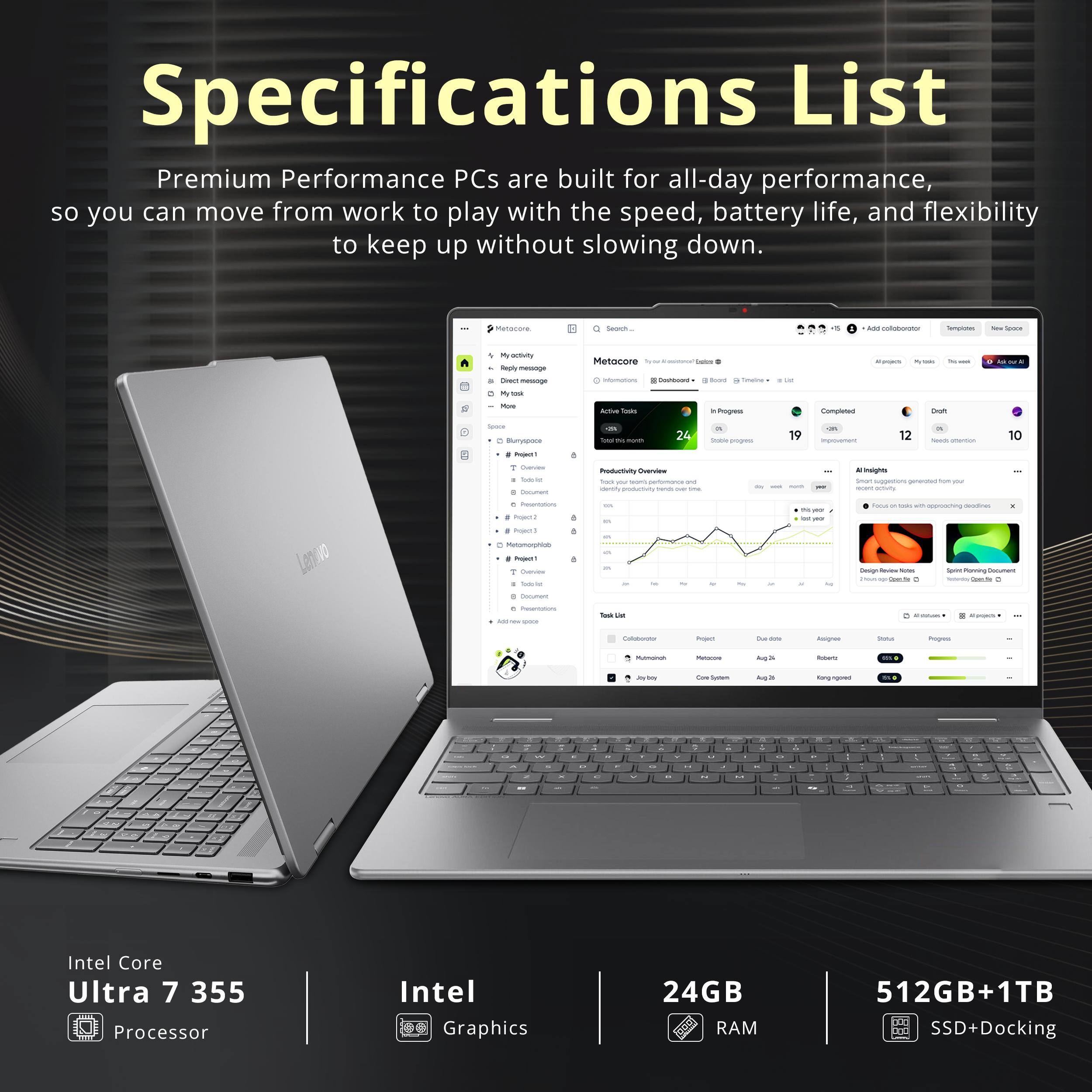 Specifications List

Premium Performance PCs are built for all-day performance, so you can move from work to play with the speed, battery life, and flexibility to keep up without slowing down.

Intel Core Ultra 7 355 Processor

Intel Graphics

24GB RAM

512GB+1TB SSD+Docking