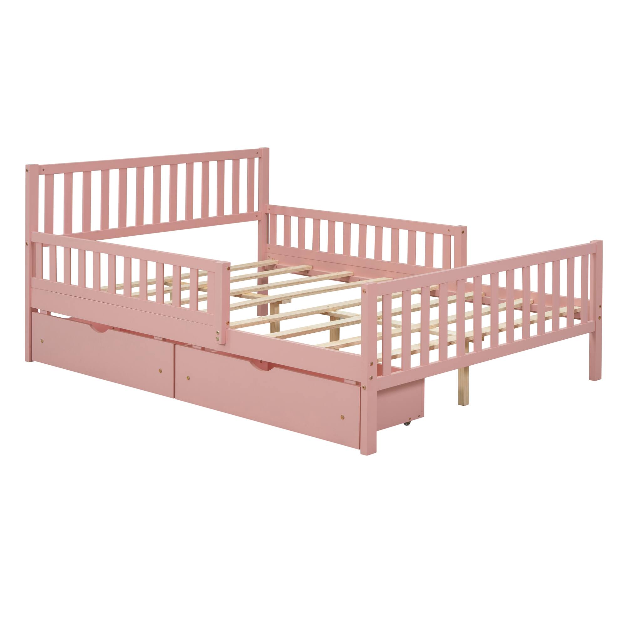 Back. GOODSILO - Full Size Wood Platform Bed with Guardrails, Storage Drawers, and Minimalist Headboard for Modern Bedrooms - Pink.