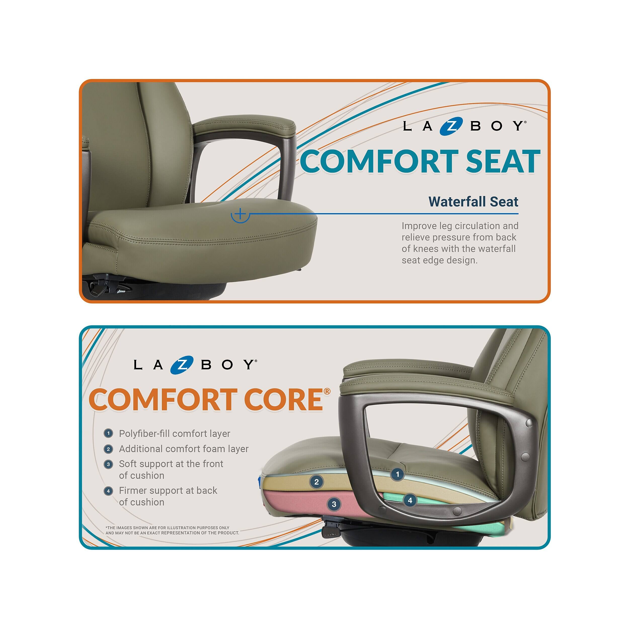 LA Z BOY COMFORT SEAT  
Waterfall Seat  
Improve leg circulation and relieve pressure from back of knees with the waterfall seat edge design.  

LA Z BOY COMFORT CORE  
1. Polyfiber-fill comfort layer  
2. Additional comfort foam layer  
3. Soft support at the front of cushion  
4. Firmer support at back of cushion  

*THE IMAGES SHOWN ARE FOR ILLUSTRATION PURPOSES ONLY AND MAY NOT BE AN EXACT REPRESENTATION OF THE PRODUCT.