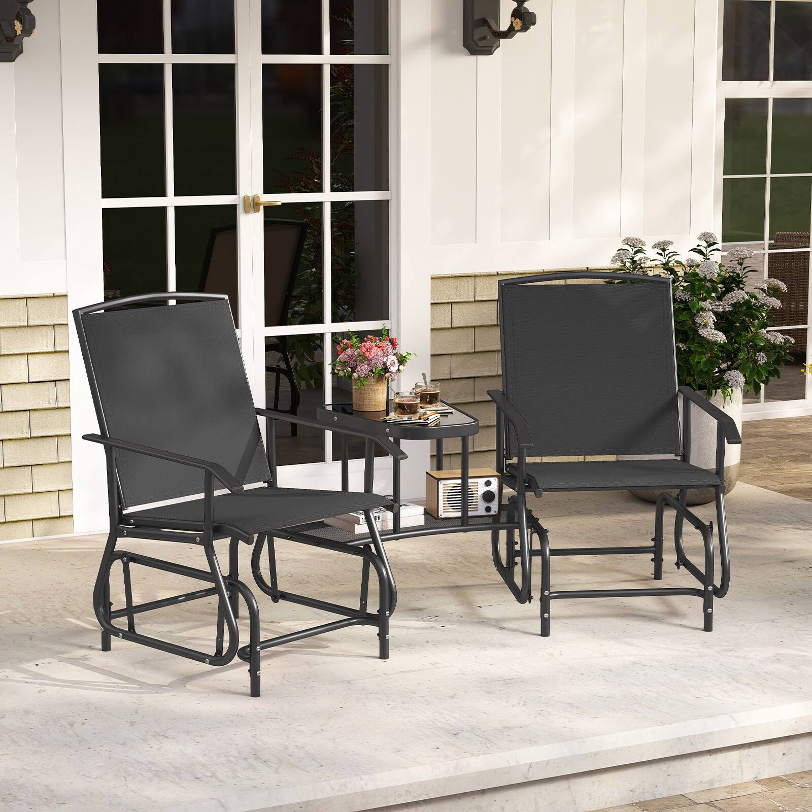 Alt View 3. Costway - Costway Outdoor Bistro Sets Double Swing Glider Chair Rocker Glass Table Umbrella Hole - Black.
