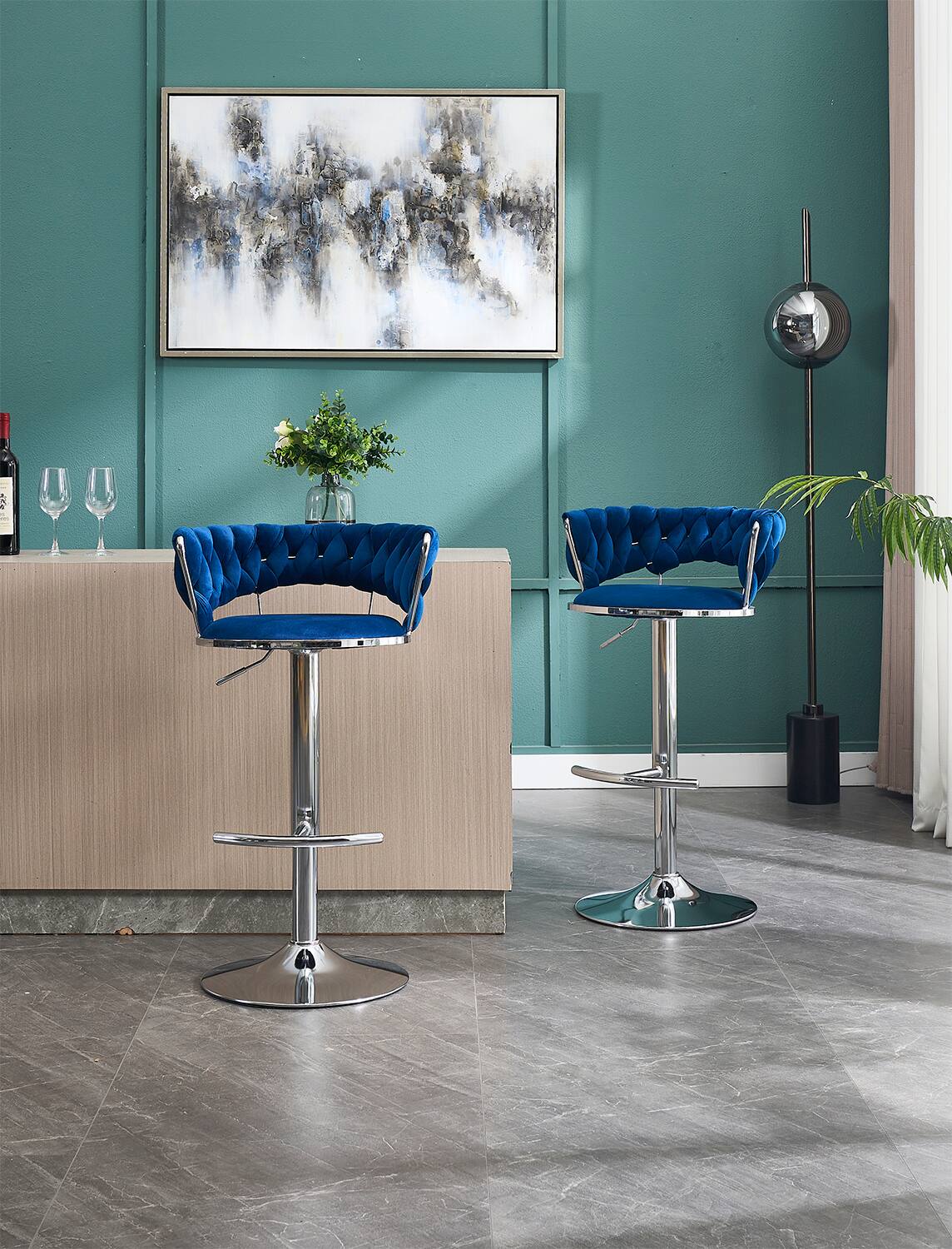 Alt View 5. SlickBlue - Modern Adjustable Bar Stools – Set of 2 Velvet Swivel Chairs with Chrome Legs - Blue.