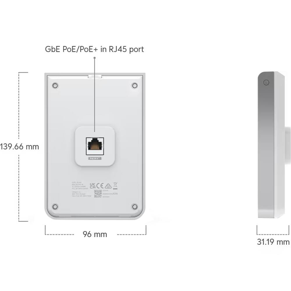 GbE PoE/PoE+ in RJ45 port  
139.66 mm  
96 mm  
31.19 mm  
UK CE  
2A  
XKwxx  
20te
