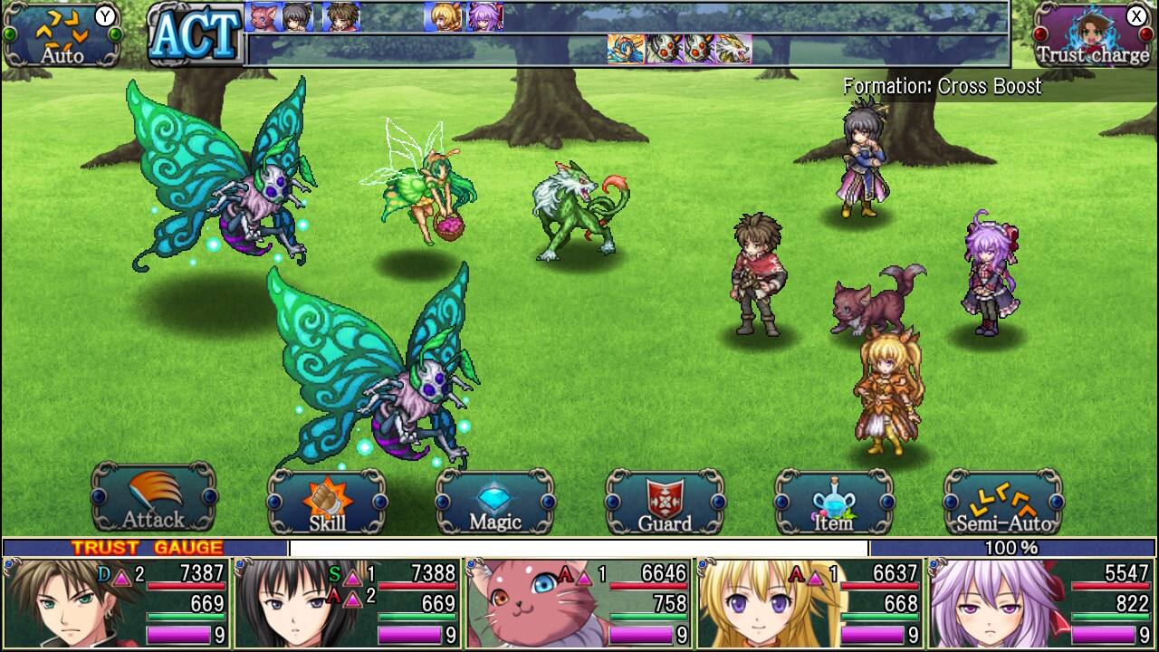 The image shows a group of characters in a game, with some of them being fairies. The characters are positioned in a field, and there is a tree nearby. The game is set in a fantasy world, and the characters are engaged in various activities.

The text on the image provides information about the characters and their abilities. For example, one character has a skill called "Cross Boost Attack," which increases their attack power when they attack multiple targets. Another character has a skill called "Guard," which increases their defense against incoming attacks. Additionally, there are characters with different types of weapons, such as a sword and a bow, which they can use to attack their opponents.

Overall, the image showcases a diverse group of characters with unique abilities and weapons, all set in a fantasy world with a field and a tree in the background.