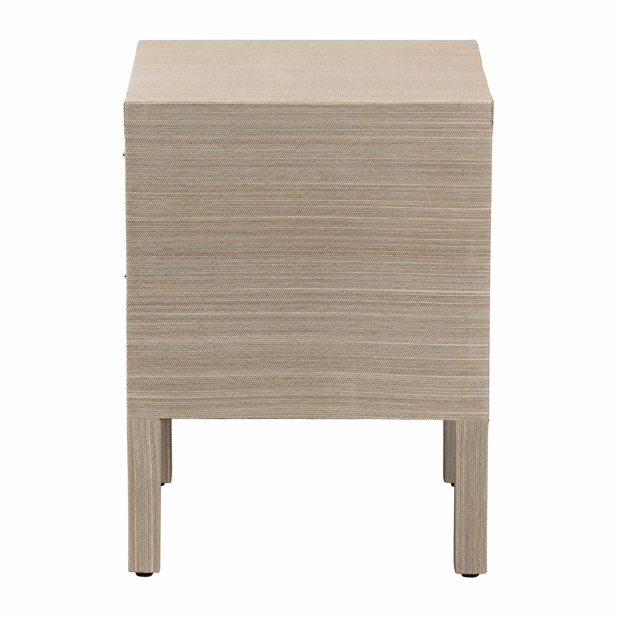 Back. bali & pari - Juniper Grasscloth Nightstand with Scalloped Base - Woven Texture 2-Drawer Bedside Table with Gold Ring Pulls - Beige/Gold.