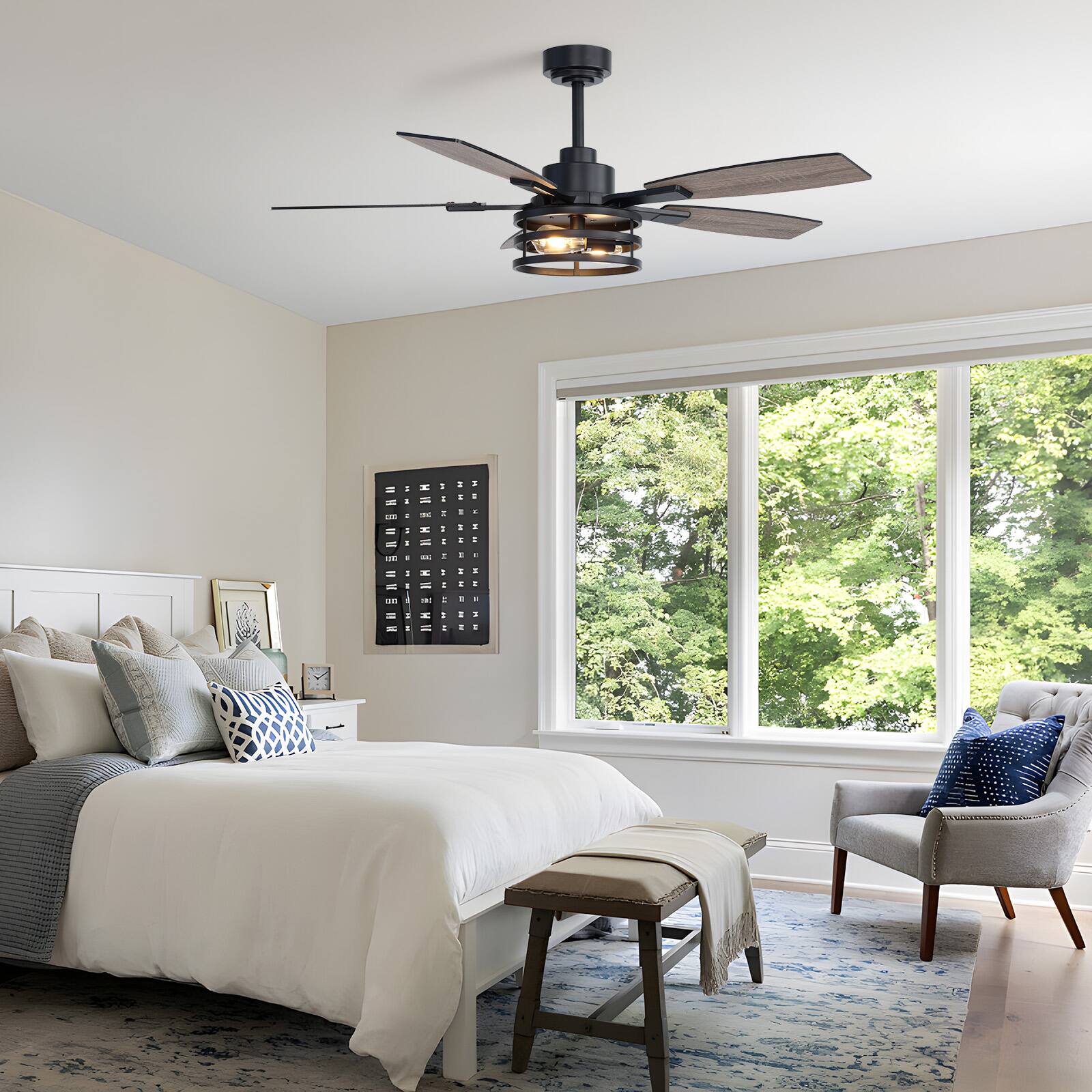 Alt View 10. Siljoy - 52 Inch Black Caged Farmhouse Ceiling Fan with Lights & Remote for Bedroom, Living Room & Patio Indoor/Outdoor - Black.