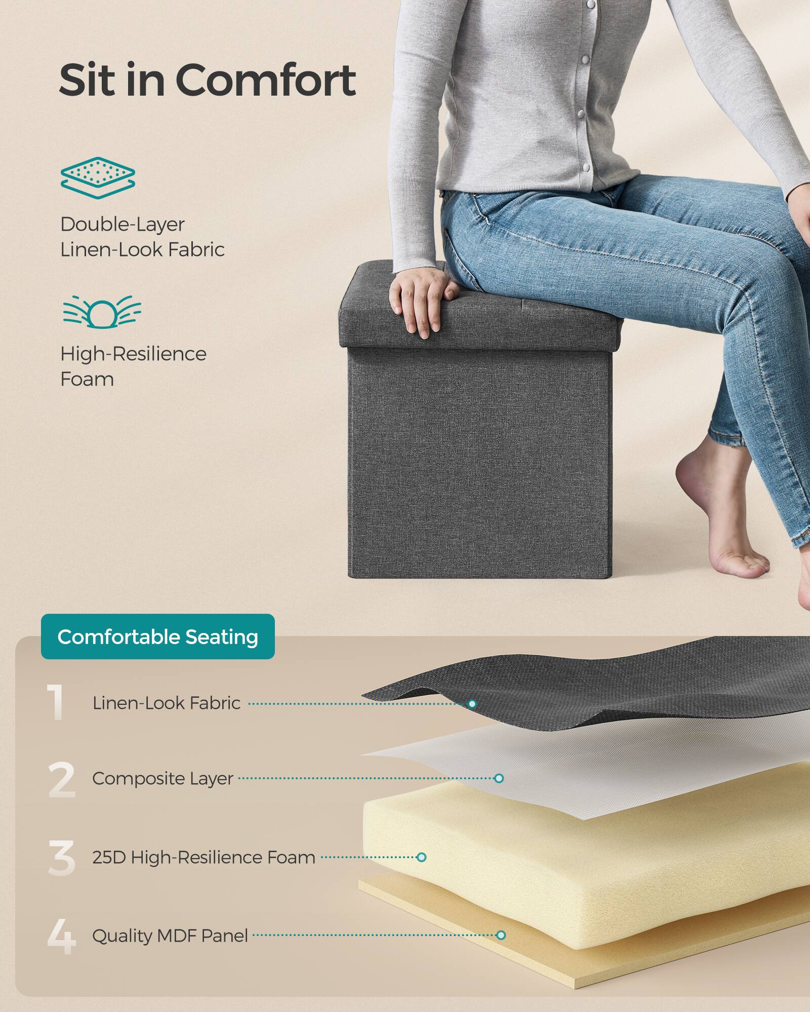 Sit in Comfort  
Double-Layer Linen-Look Fabric  
High-Resilience Foam  
Comfortable Seating  
1. Linen-Look Fabric  
2. Composite Layer  
3. 25D High-Resilience Foam  
4. Quality MDF Panel