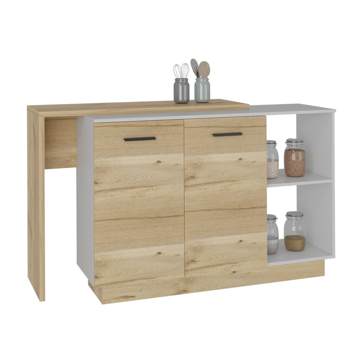 Alt View 1. Loheer - Loheer White and Light Oak Kitchen Island Double Door Cabinet - White / Light Oak.