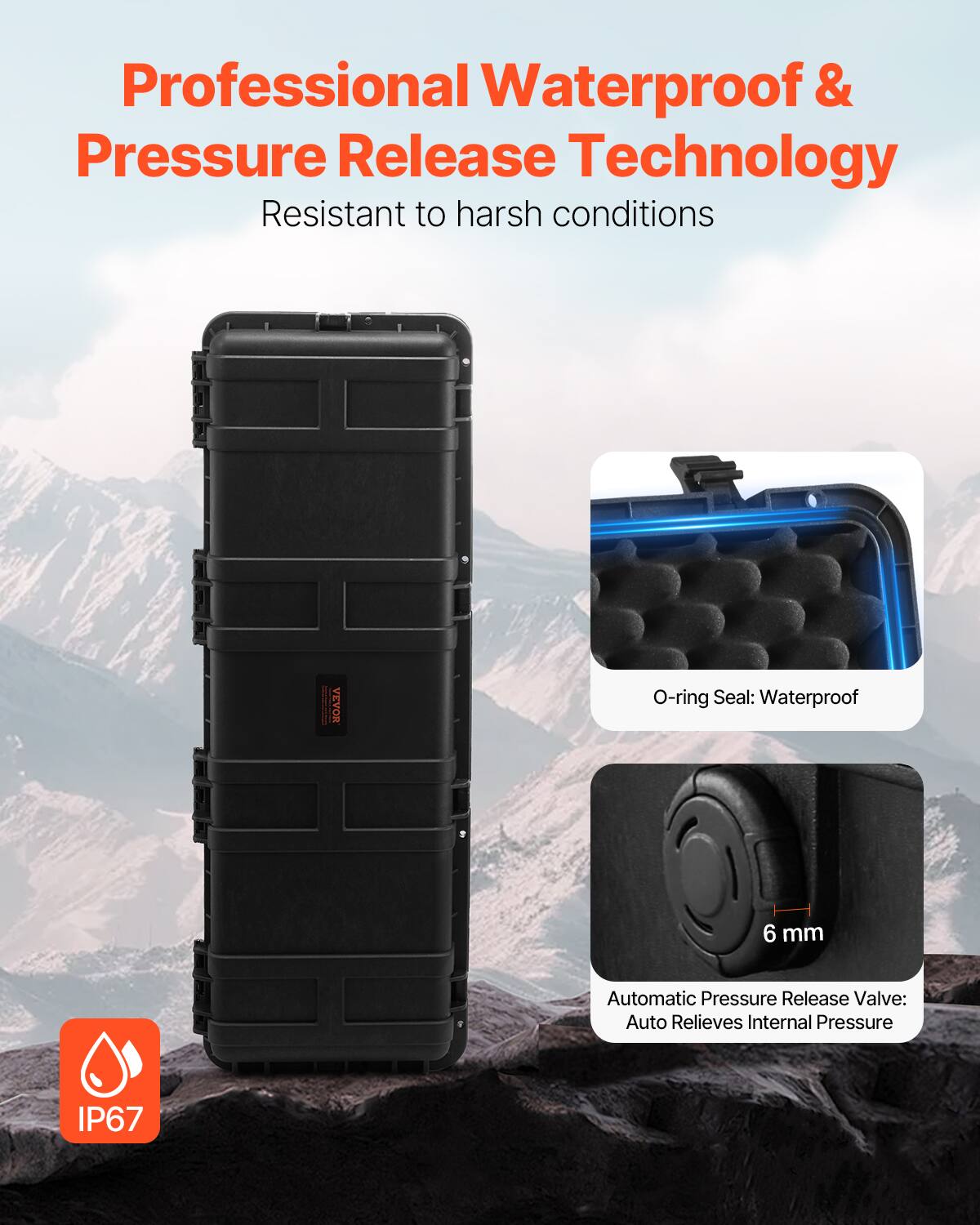 Professional Waterproof & Pressure Release Technology  
Resistant to harsh conditions  

O-ring Seal: Waterproof  
Automatic Pressure Release Valve: Auto Relieves Internal Pressure  

IP67