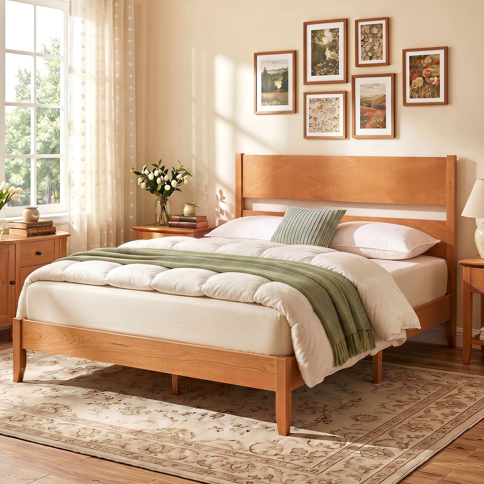 Alt View 3. Costway - Costway Full Bed Frame with Headboard, Solid Wood Legs, 12 Slats, No Box Spring Needed - Warm Brown.