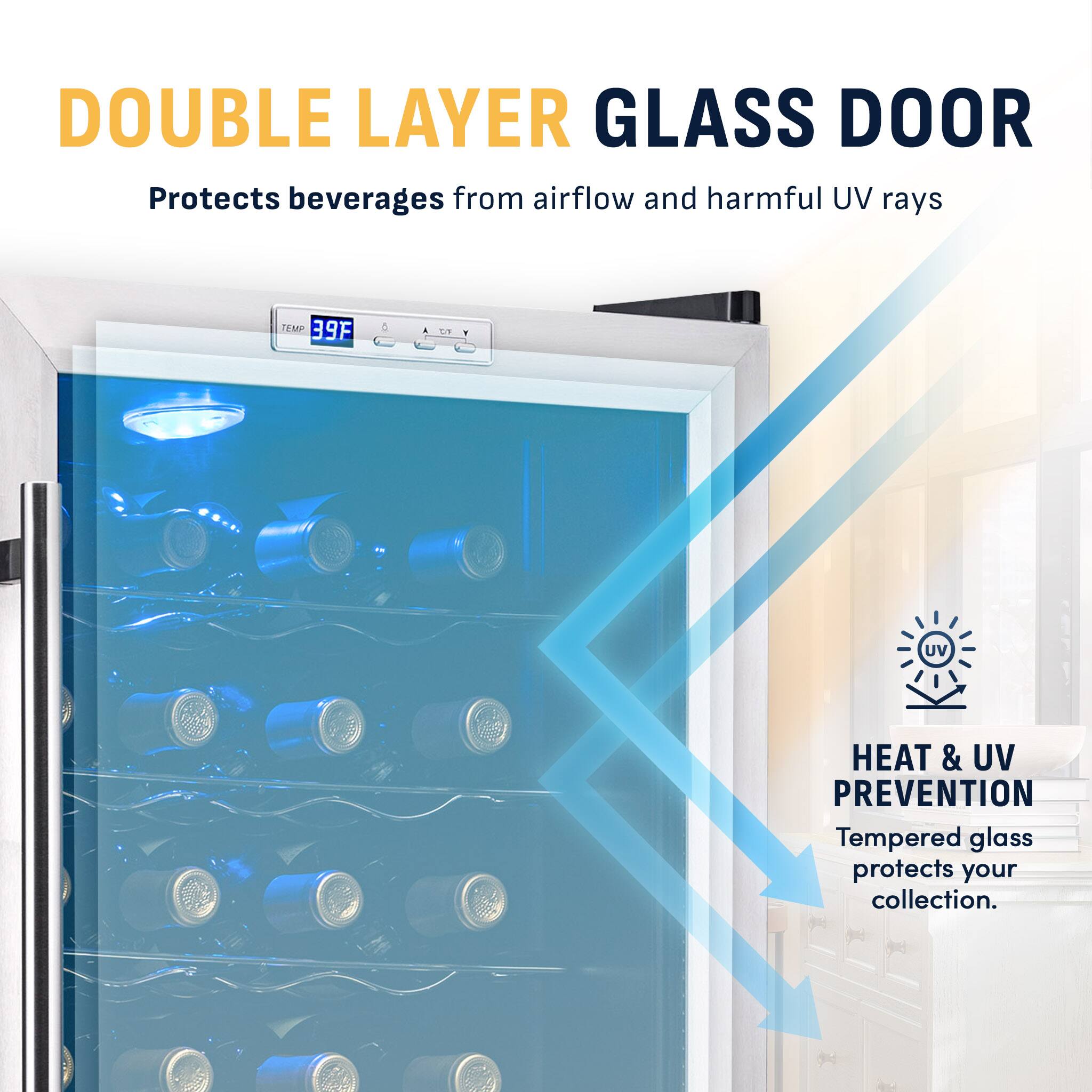 DOUBLE LAYER GLASS DOOR  
Protects beverages from airflow and harmful UV rays  

TEMP 39F  

HEAT & UV PREVENTION  
Tempered glass protects your collection.