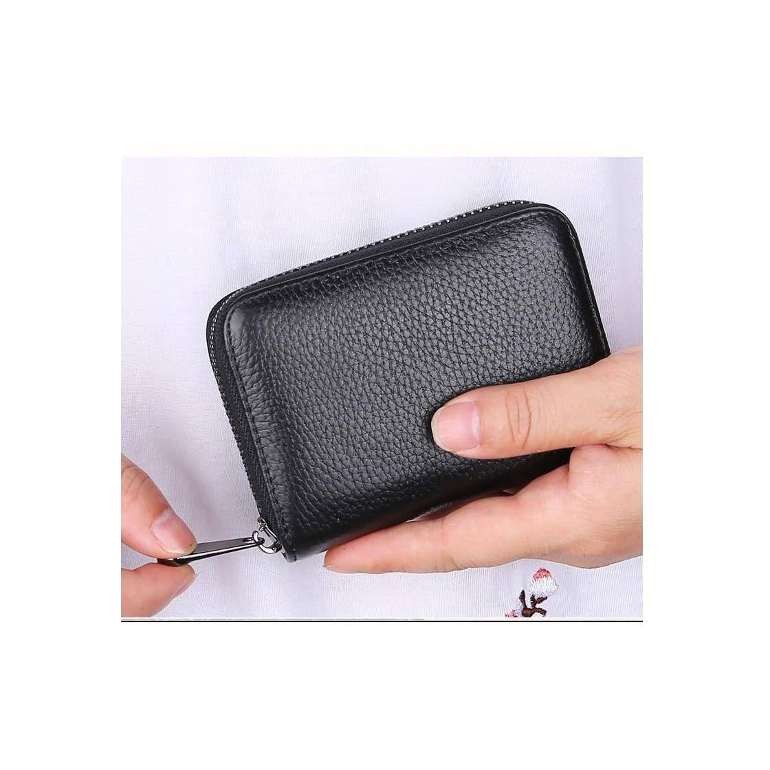 Alt View 3. Jadie Link - Genuine Leather Credit Card Holder Wallet Case Rfid Blocking Secure Organizer Zipper Black Small Exquisite SizeLength - Black.