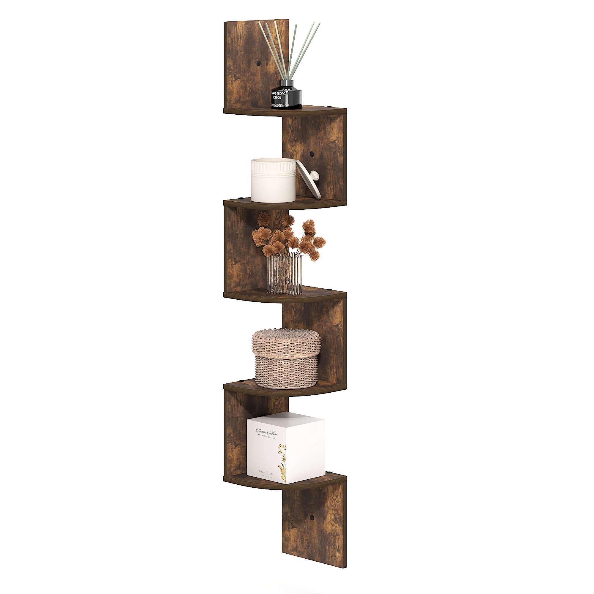Furinno - ROSSI Floating Book Shelves for Wall, 5-Tier Zigzag Corner Shelf Wall Mounted, Radial Corner Floating Shelf - Amber Pine