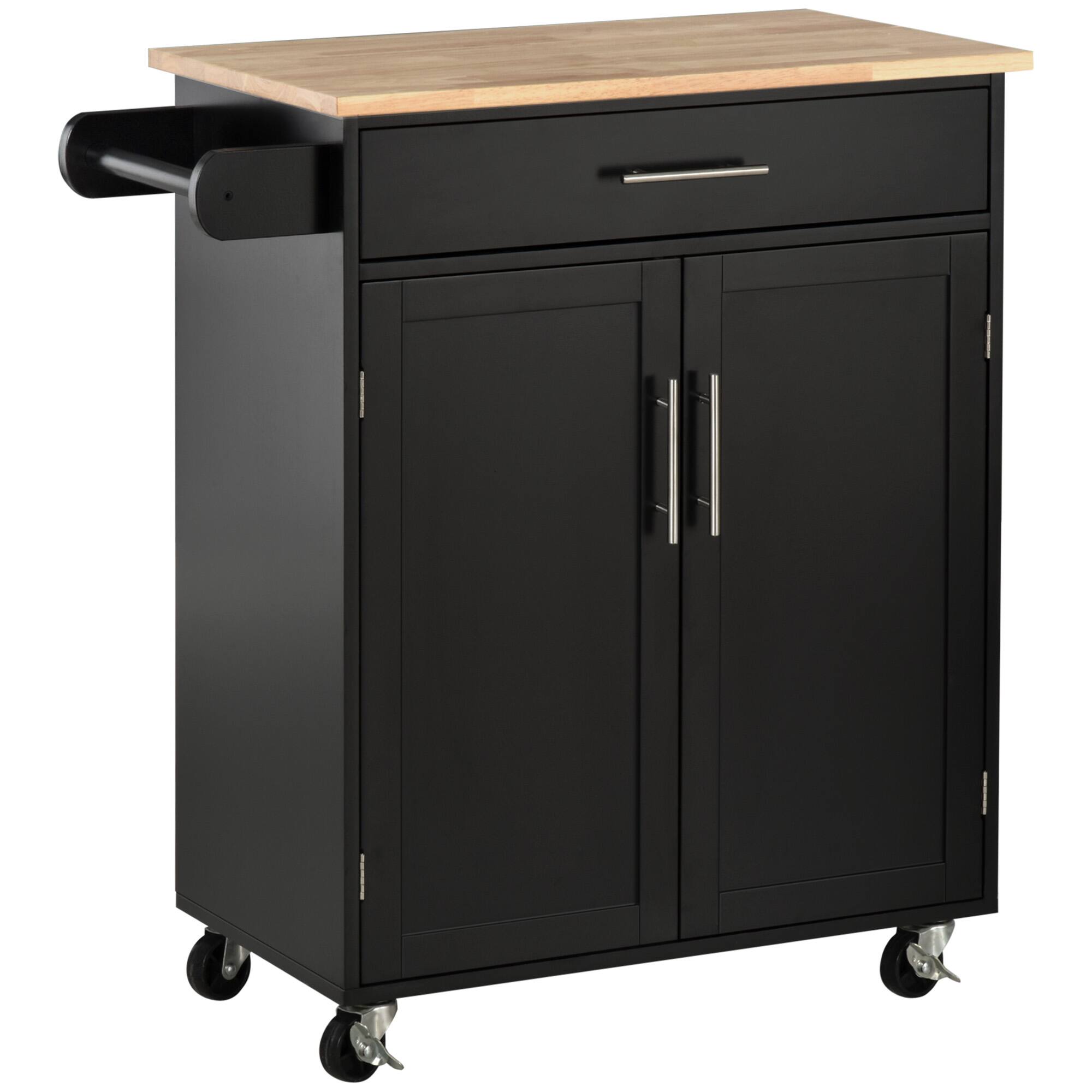 Front. Homcom - Kitchen Island Cart Rolling Trolley Cart with Drawer, Storage Cabinet & Towel Rack, Black - Black.