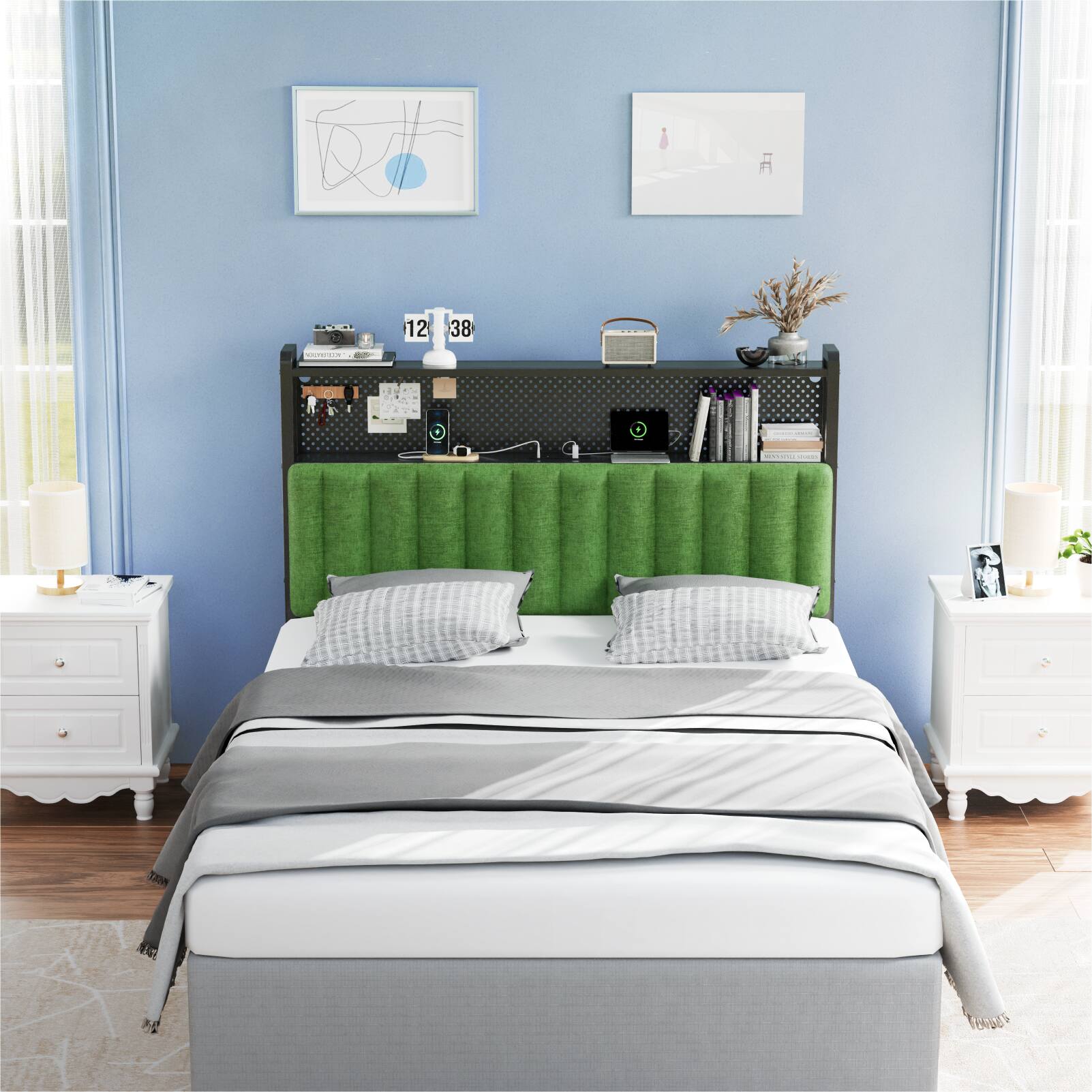 Alt View 9. Winado - Full Size Adjustable Upholstered Headboard Only with 2 Tier Shelves and Pegboard with Charging Stations and LED Lights - Chenille & Forest Green.