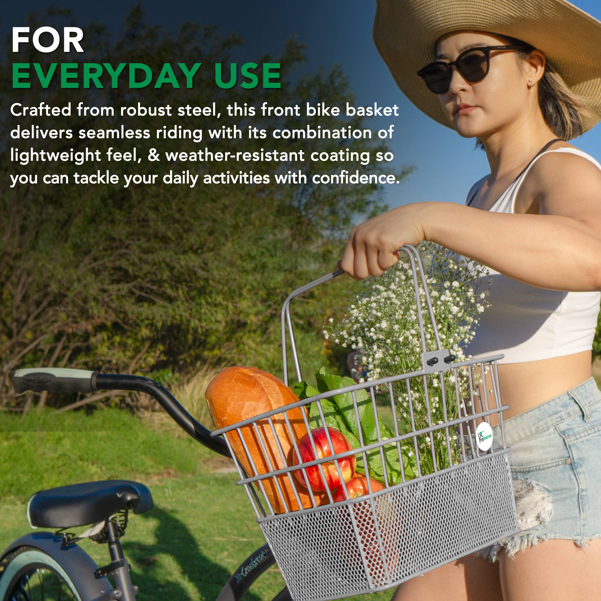 FOR EVERYDAY USE
Crafted from robust steel, this front bike basket delivers seamless riding with its combination of lightweight feel, & weather-resistant coating so you can tackle your daily activities with confidence.