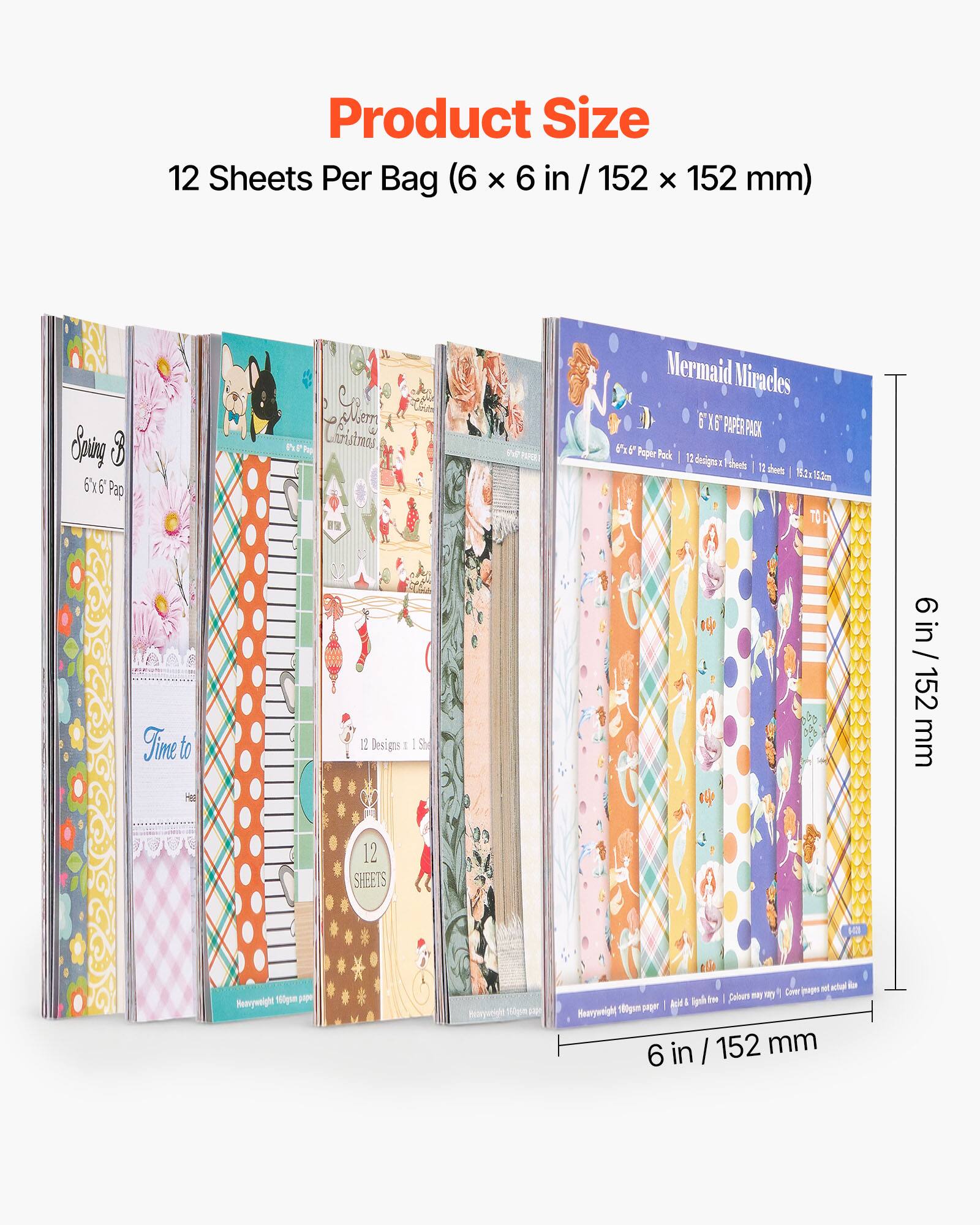 Product Size  
12 Sheets Per Bag (6 x 6 in / 152 x 152 mm)  

Mermaid Miracles  
6" x 6" Paper Pack  
12 Designs | 1 Sheet  
12 SHEETS  
Heavyweight 160gsm paper | Acid & Lignin free | Colours may vary | Cover images not actual size  

6 in / 152 mm
