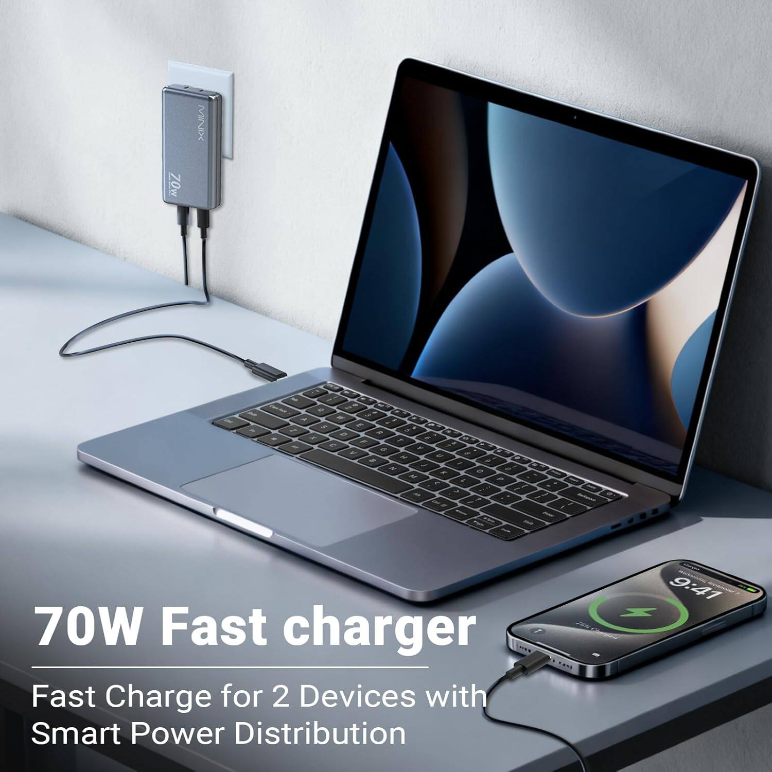 70W Fast charger  
Fast Charge for 2 Devices with Smart Power Distribution