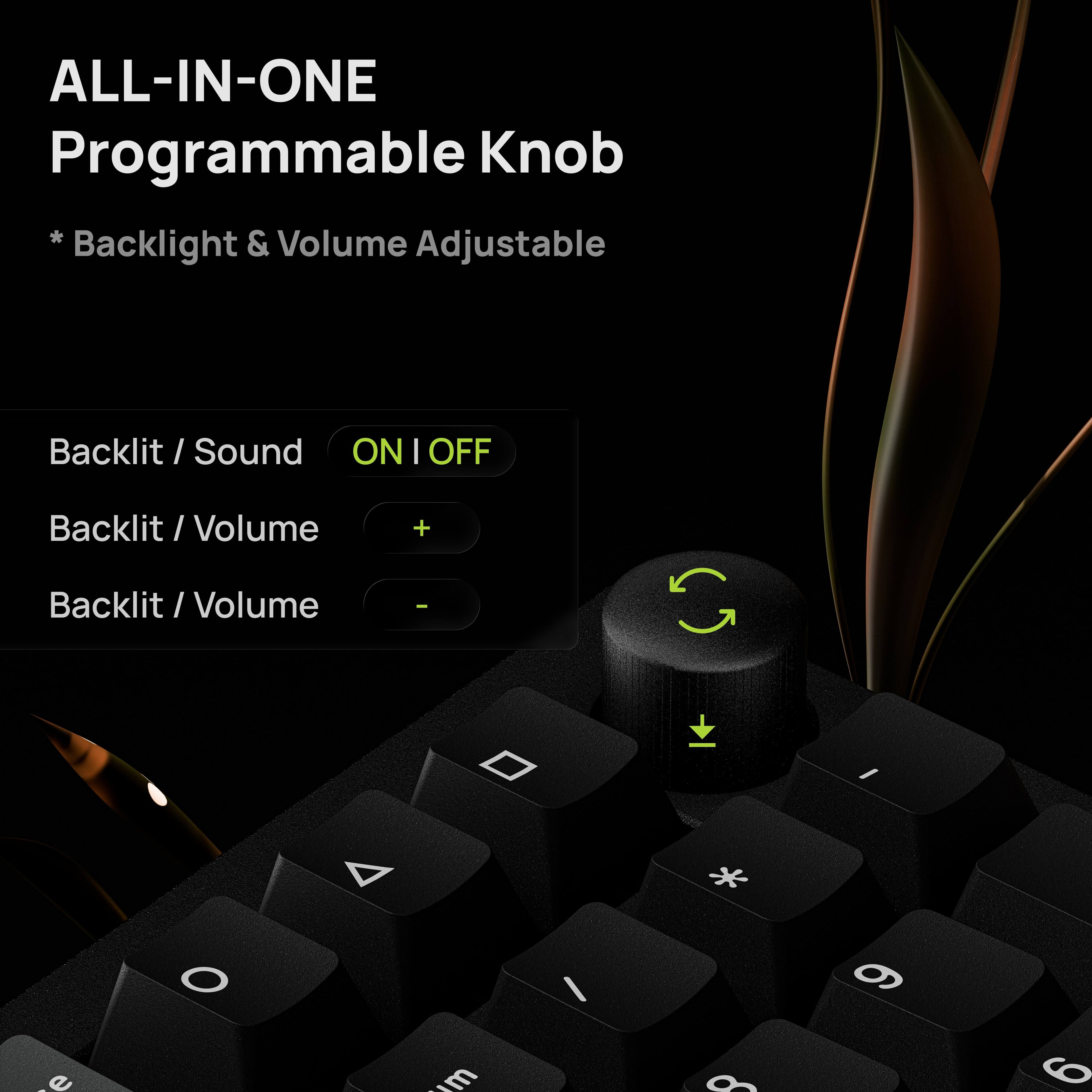ALL-IN-ONE Programmable Knob  
* Backlight & Volume Adjustable  

Backlit / Sound  
ON | OFF  

Backlit / Volume  
+  

Backlit / Volume  
-