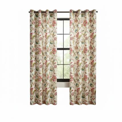 Front. Ellis Curtain - ELLIS 100% Polyester Brissac Colrful Jacobean Pattern Grommet Panel Lined 50" x 84" Red - Red.