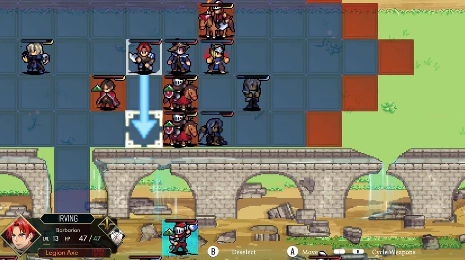 J IRVING Barbarian LVL 13 HP 47/47  
Legion Axe  

A: Move  
B: Deselect  
R: Cycle Weapons