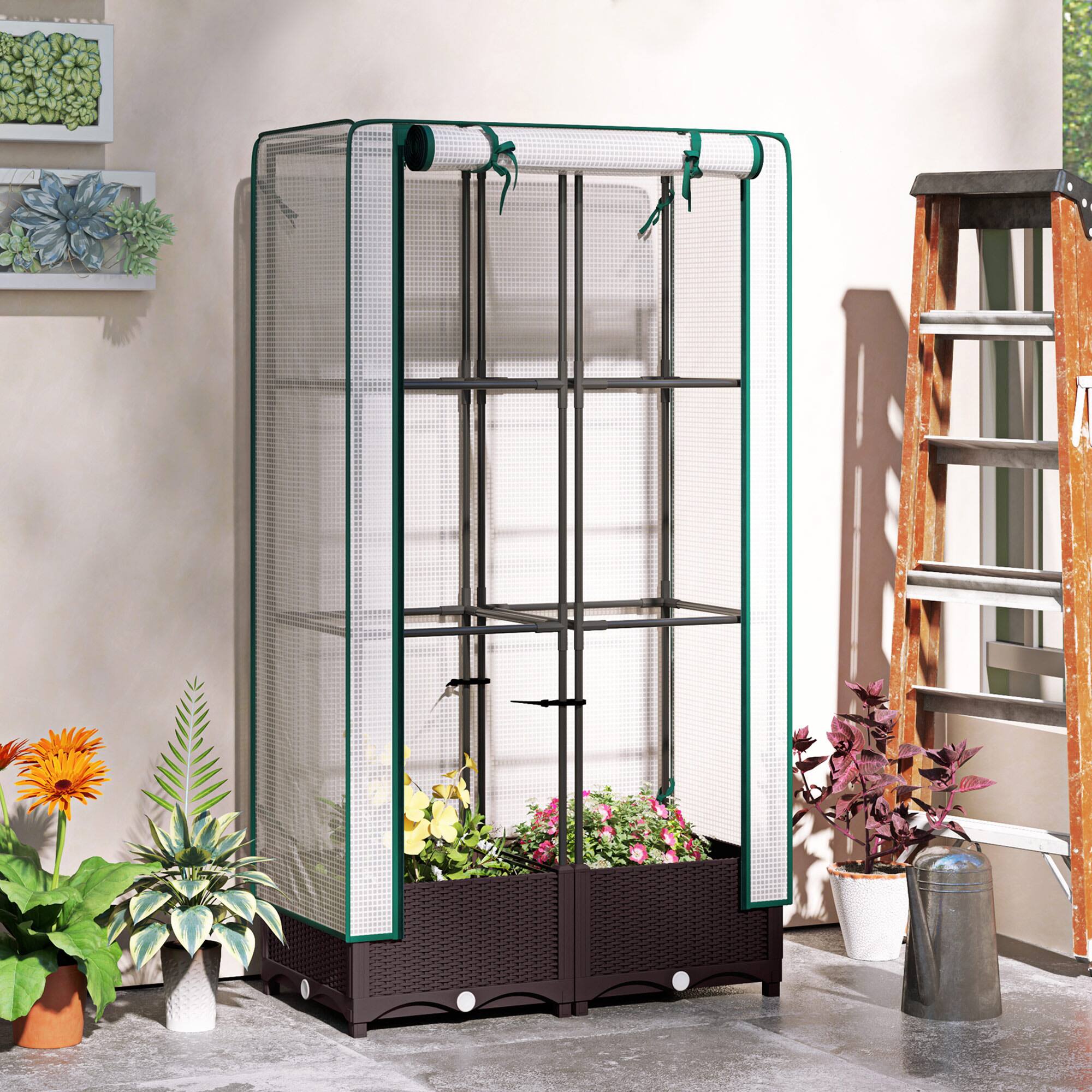 Alt View 1. Outsunny - Bed with Trellis, Outdoor Plant Box with PE Cover, Drainage Holes and Zipper Door - Brown.