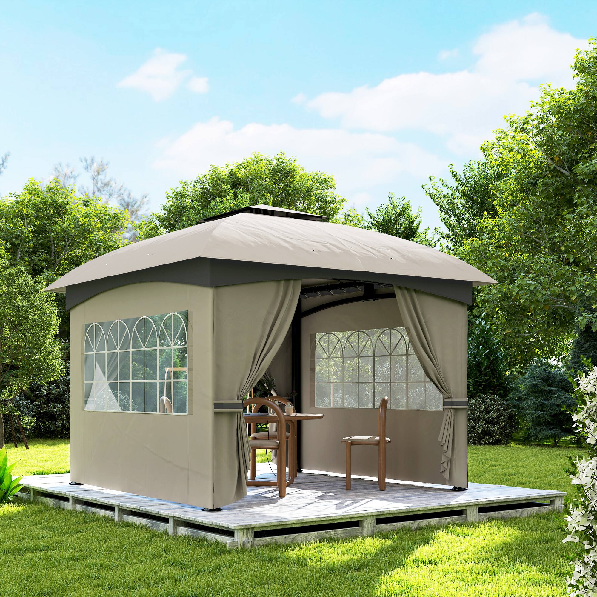 Alt View 4. Outsunny -  11' x 11' Outdoor Gazebo, Arc Patio Gazebo Canopy Shelter, UV Protected, with Curtains, Church Windows - Light Gray.