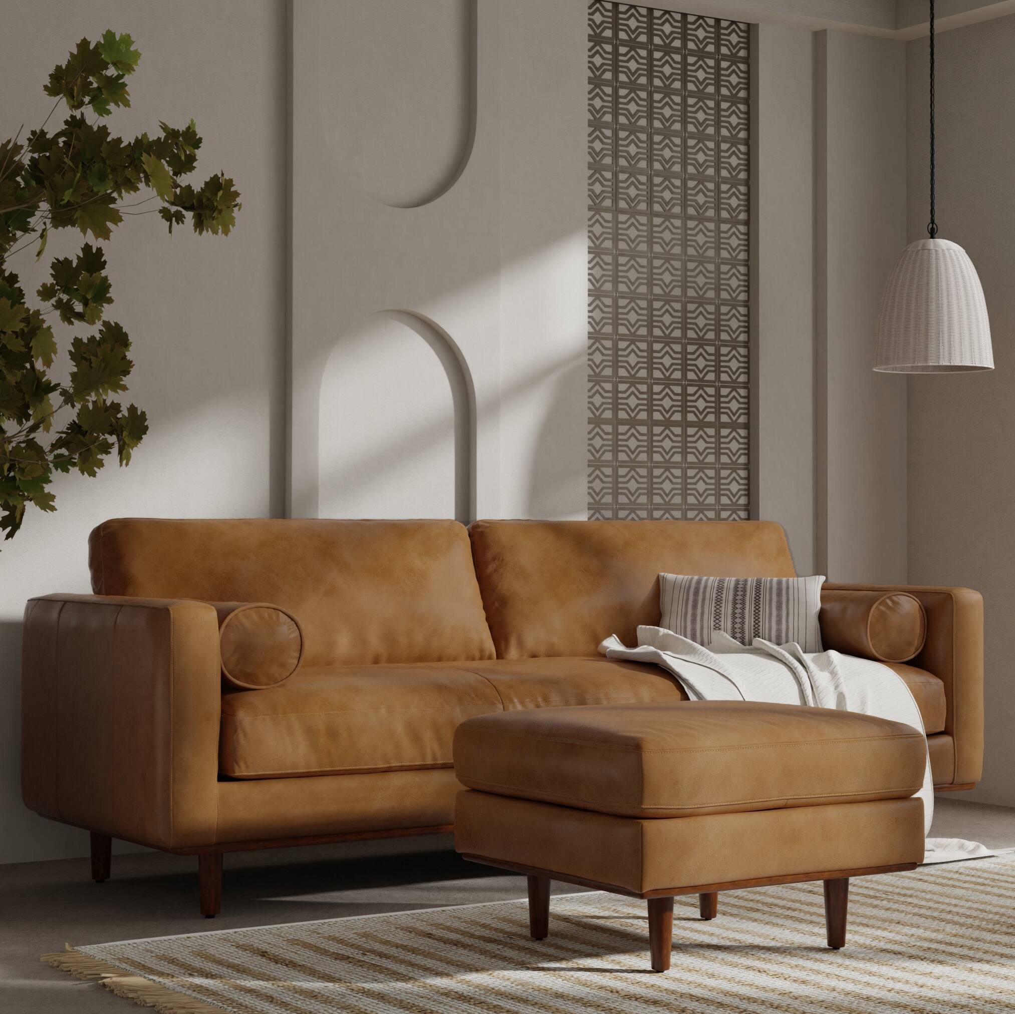 Angle. Simpli Home - Morrison Mid-Century Modern 89 inch Wide Sofa with Ottoman Set in Sienna Genuine Leather - Sienna.