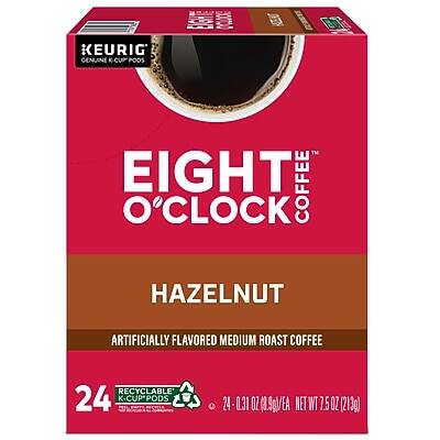 KEURIG GENUINE K-CUP PODS  
EIGHT O'CLOCK COFFEE  
HAZELNUT  
ARTIFICIALLY FLAVORED MEDIUM ROAST COFFEE  
24 RECYCLABLE K-CUP PODS  
24 - 0.31 OZ (3.9g) EA  
NET WT 7.5 OZ (213g)