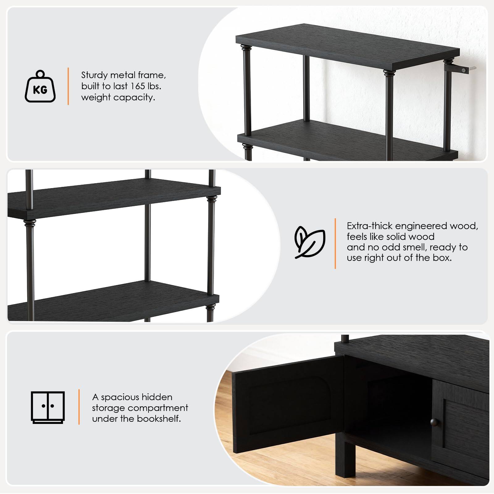 Sturdy metal frame, built to last 165 lbs. weight capacity. Extra-thick engineered wood, feels like solid wood and no odd smell, ready to use right out of the box. A spacious hidden storage compartment under the bookshelf.