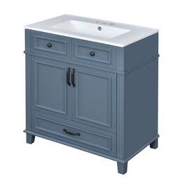 Boyel Living - 30 Inch Retro Bathroom Vanity with Ceramic Sink Solid Wood Frame 2 Door 1 Drawer - Blue