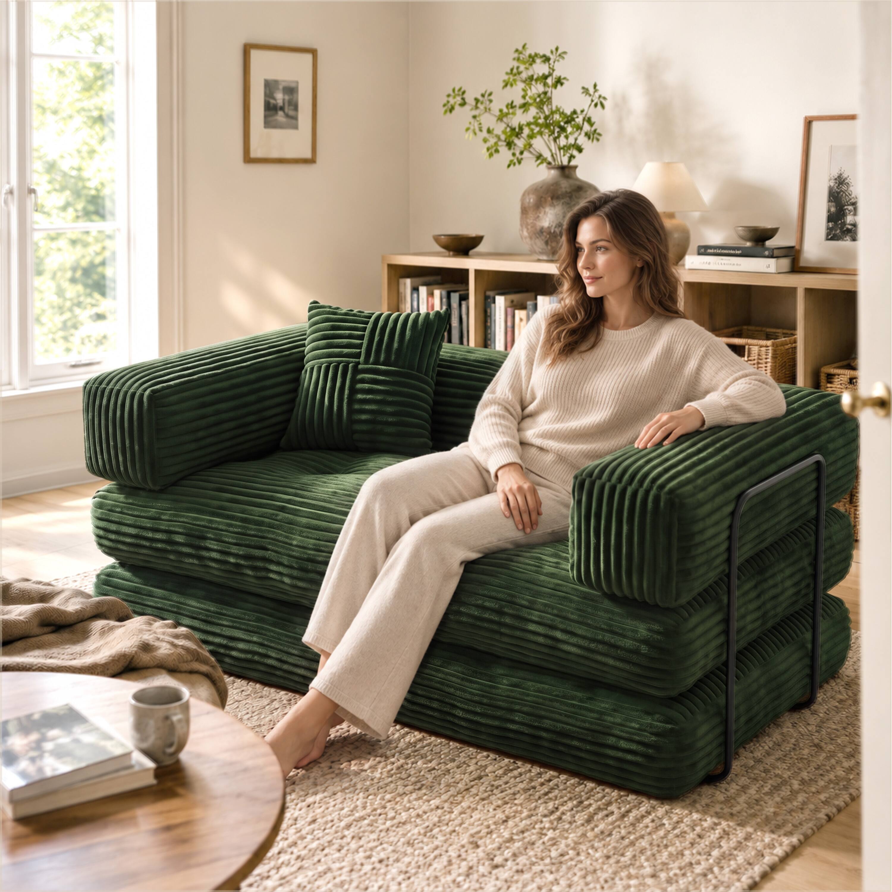 Alt View 7. Vipbear - Corduroy Loveseat Sofa, Convertible Sofa Couch with Sturdy Metal Frame for Living Room Bedroom - Green.