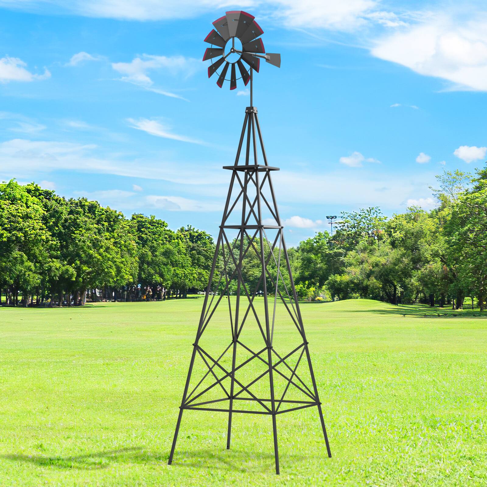 Alt View 4. Costway - 8Ft Tall Windmill Ornamental Wind Wheel Silver Gray And Red Garden Weather Vane - Gray.