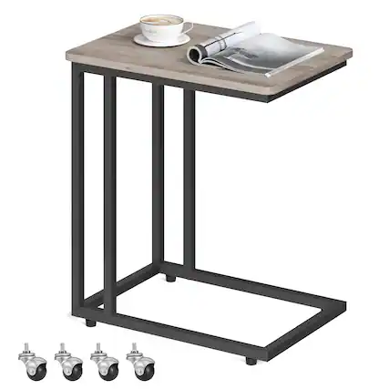 Front. Songmics Home - End Table, Side Table, TV Tray, C Shaped Snack Table with Metal Frame, Rolling Casters,for Living Room, Bedroom - Greige and Black.