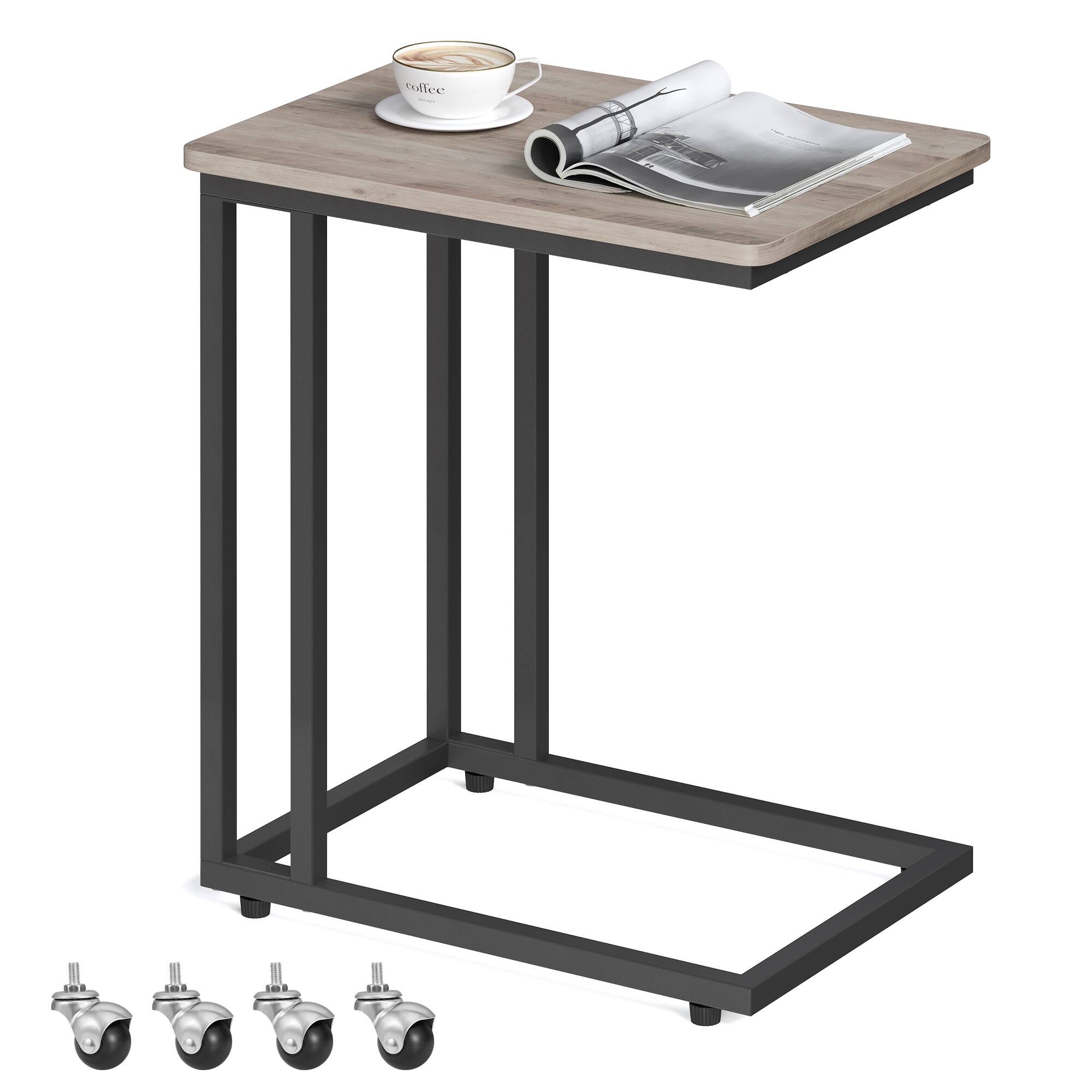 Front. Songmics Home - End Table, Side Table, TV Tray, C Shaped Snack Table with Metal Frame, Rolling Casters,for Living Room, Bedroom - Greige and Black.