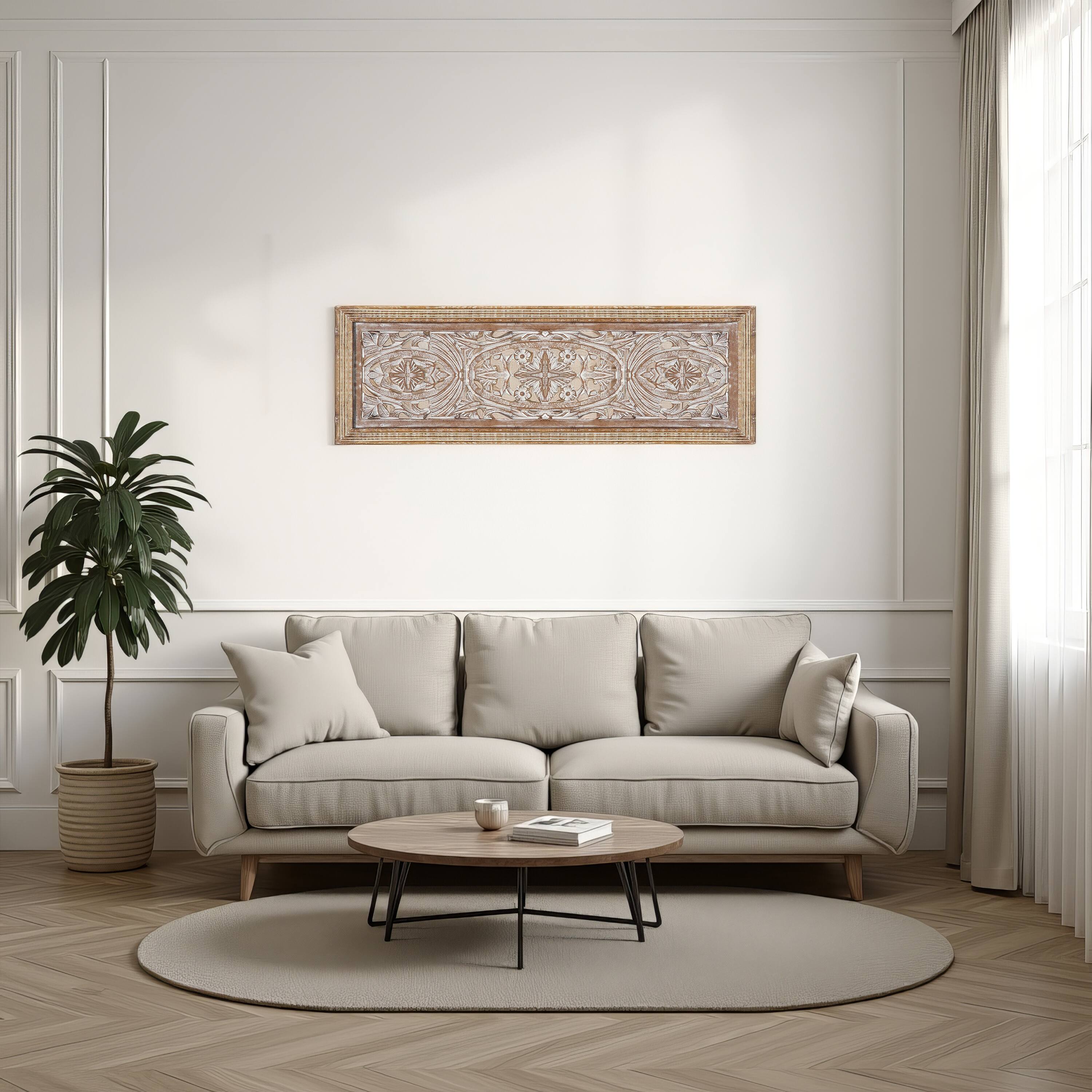 Alt View 8. Manhattan Lane - Rectangular Mango Wood Wall Panel Hand Crafted With Intricate Carving - White and Brown.