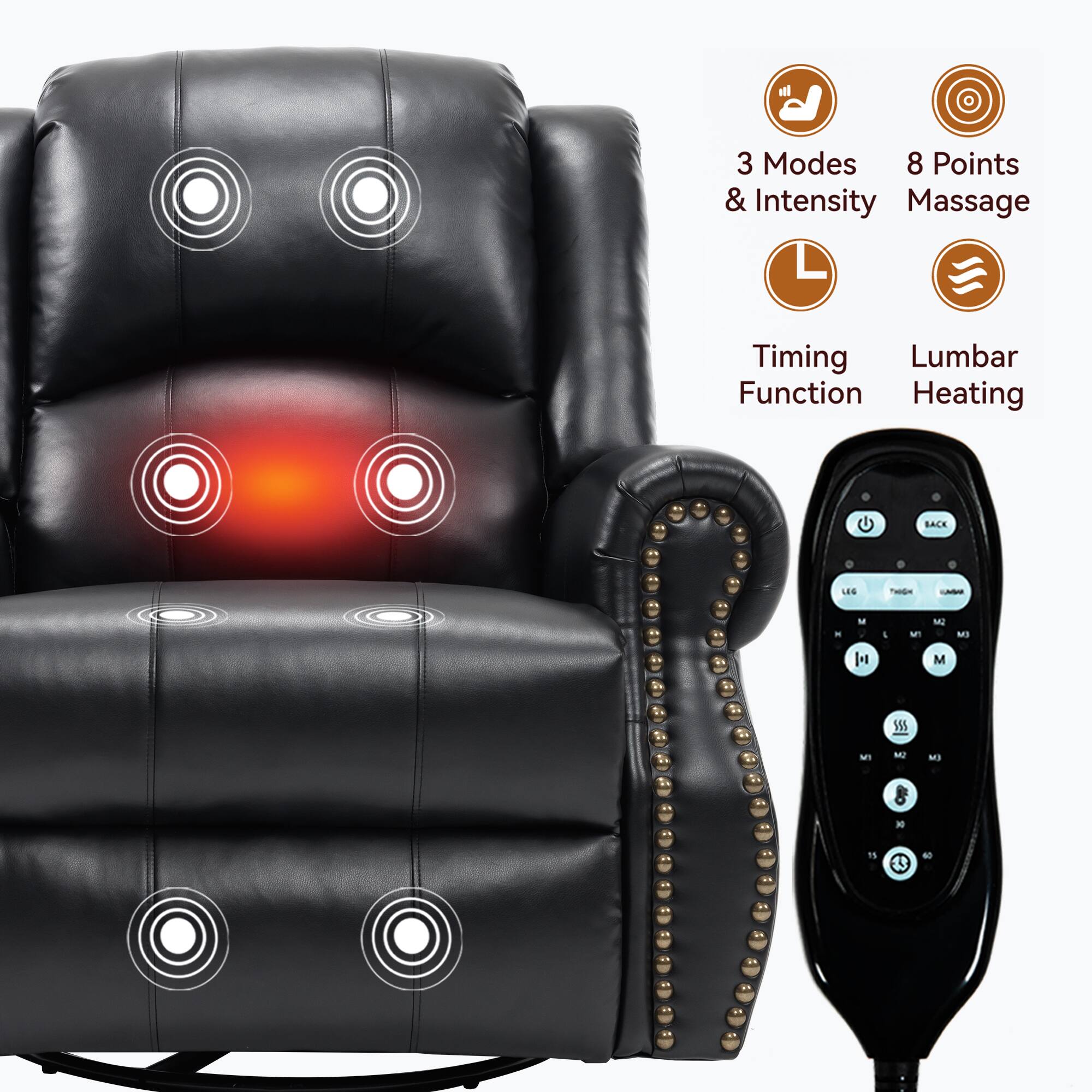 3 Modes & Intensity  
8 Points Massage  
Timing Function  
Lumbar Heating