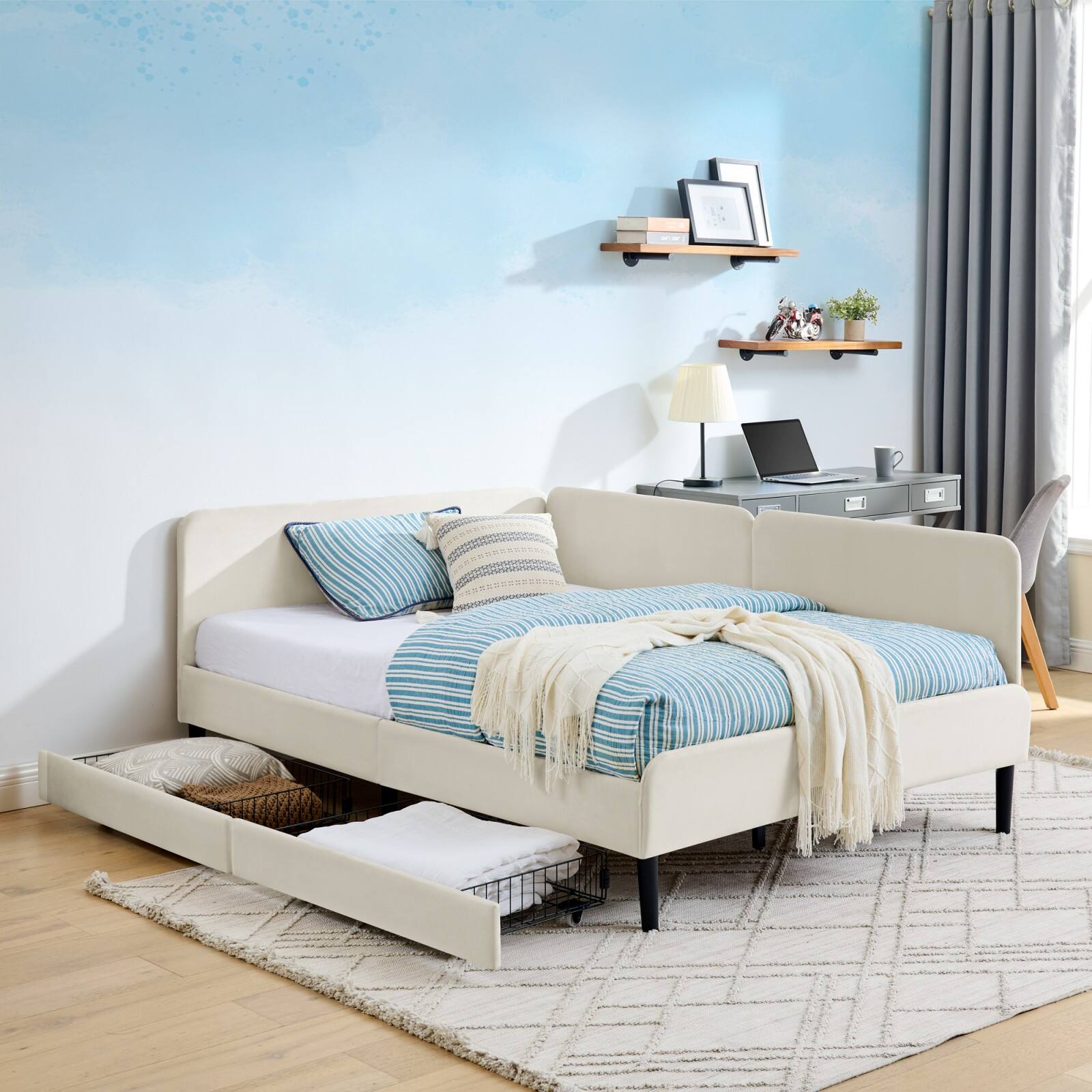 Alt View 1. Ecooso - Full Size Upholstered Platform Bed Frame with 2 Storage Drawers, Adjustable Velvet Sofa Bed - Beige.