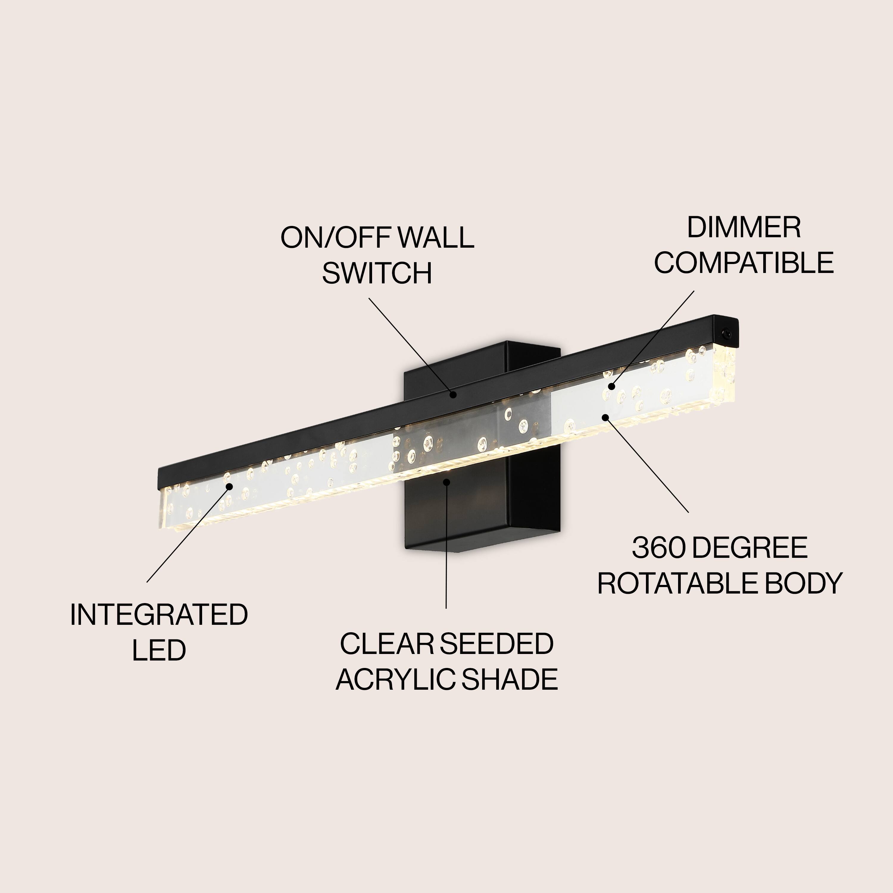 ON/OFF WALL SWITCH DIMMER COMPATIBLE 360 DEGREE ROTATABLE BODY INTEGRATED LED CLEAR SEEDED ACRYLIC SHADE